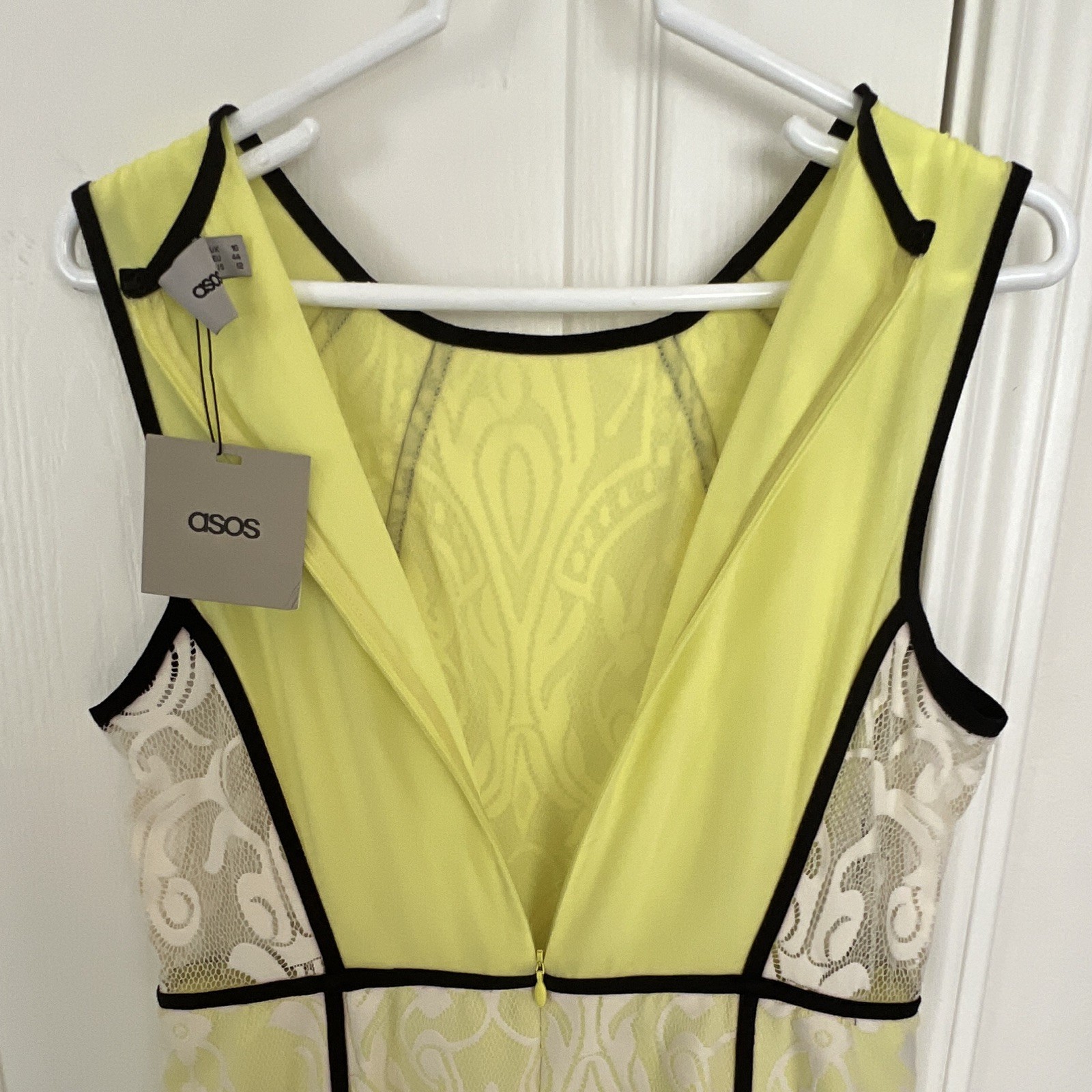 NWT ASOS Dress 12 / 16 Yellow Lace Pencil Bodycon Black Trim Sleeveless Party US