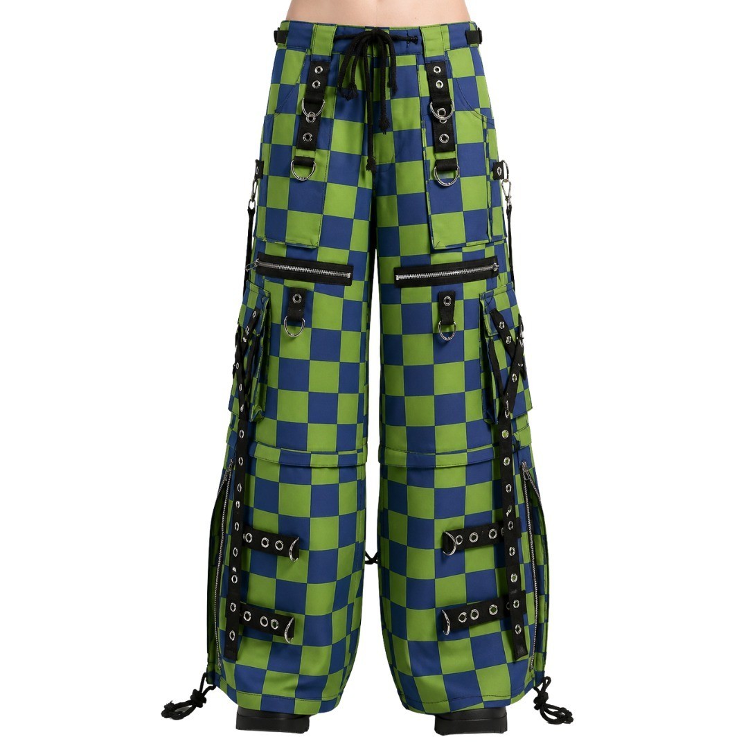 Men’s Cyber Goth Cargo Shorts Green Blue Checkered Bondage Straps Wide Leg Punk