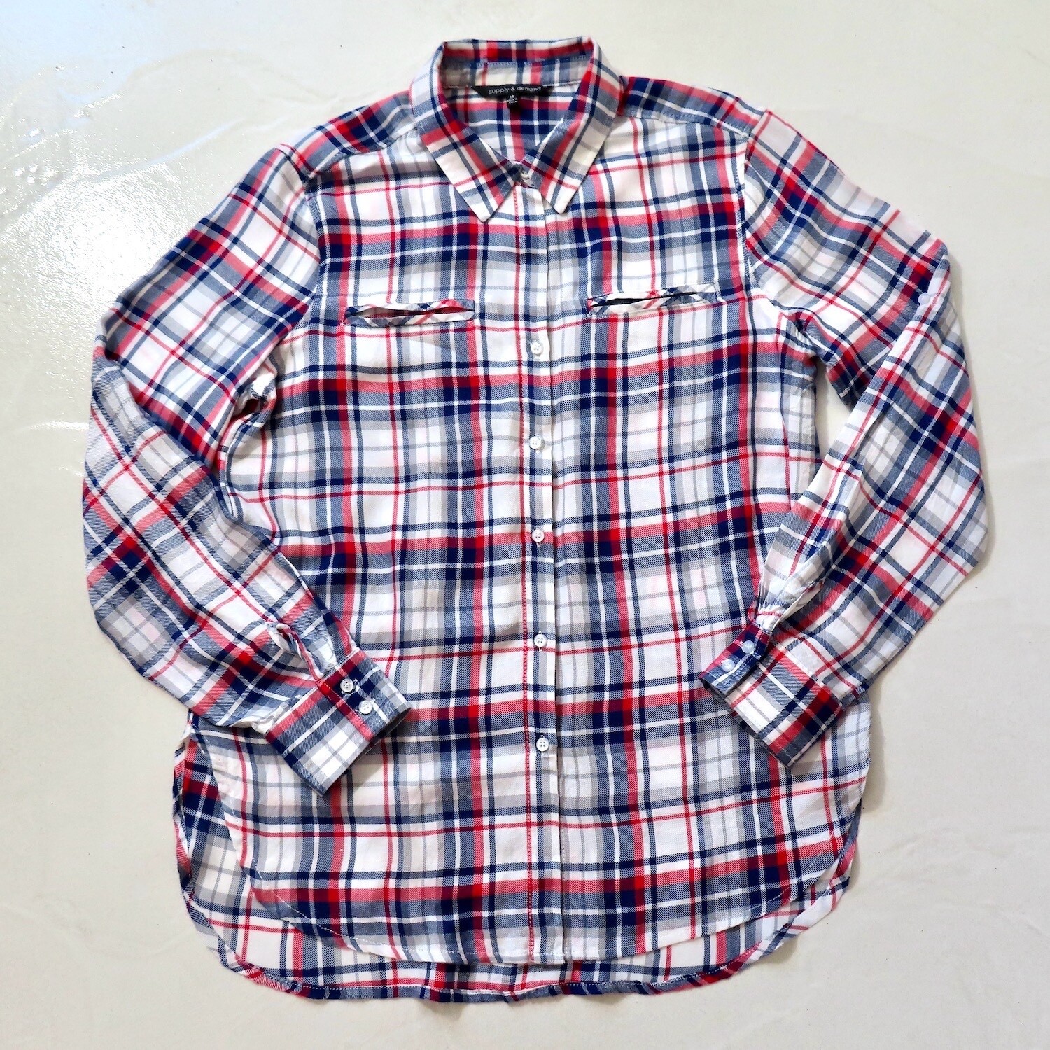 Supply & Demand Shirt Womens Medium Red Blue Plaid Button Up Long Sleeve Western