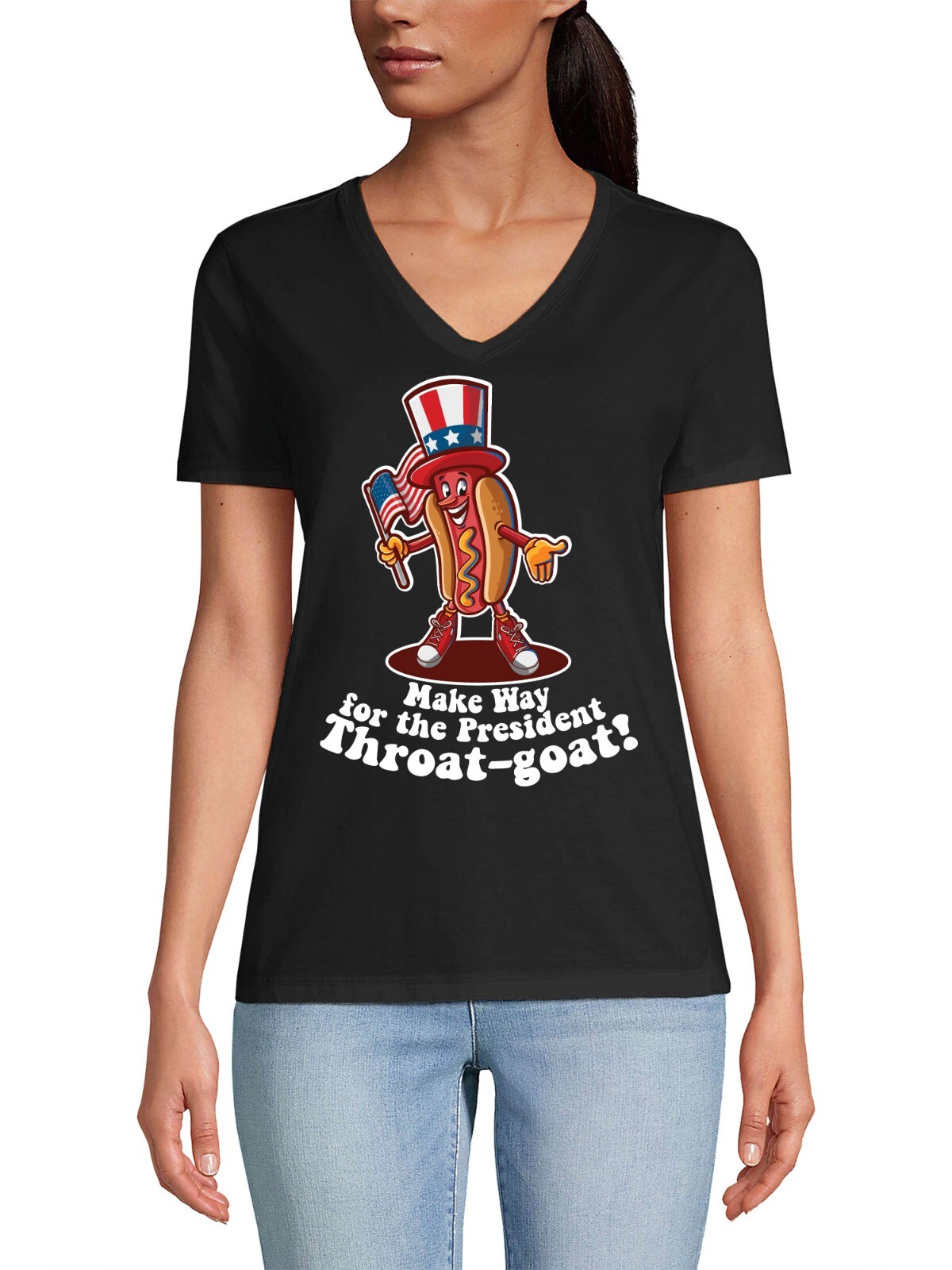 Hat and Beyond Womens Premium V-Neck T Shirt Hot Dog President Throat-Goat Tee