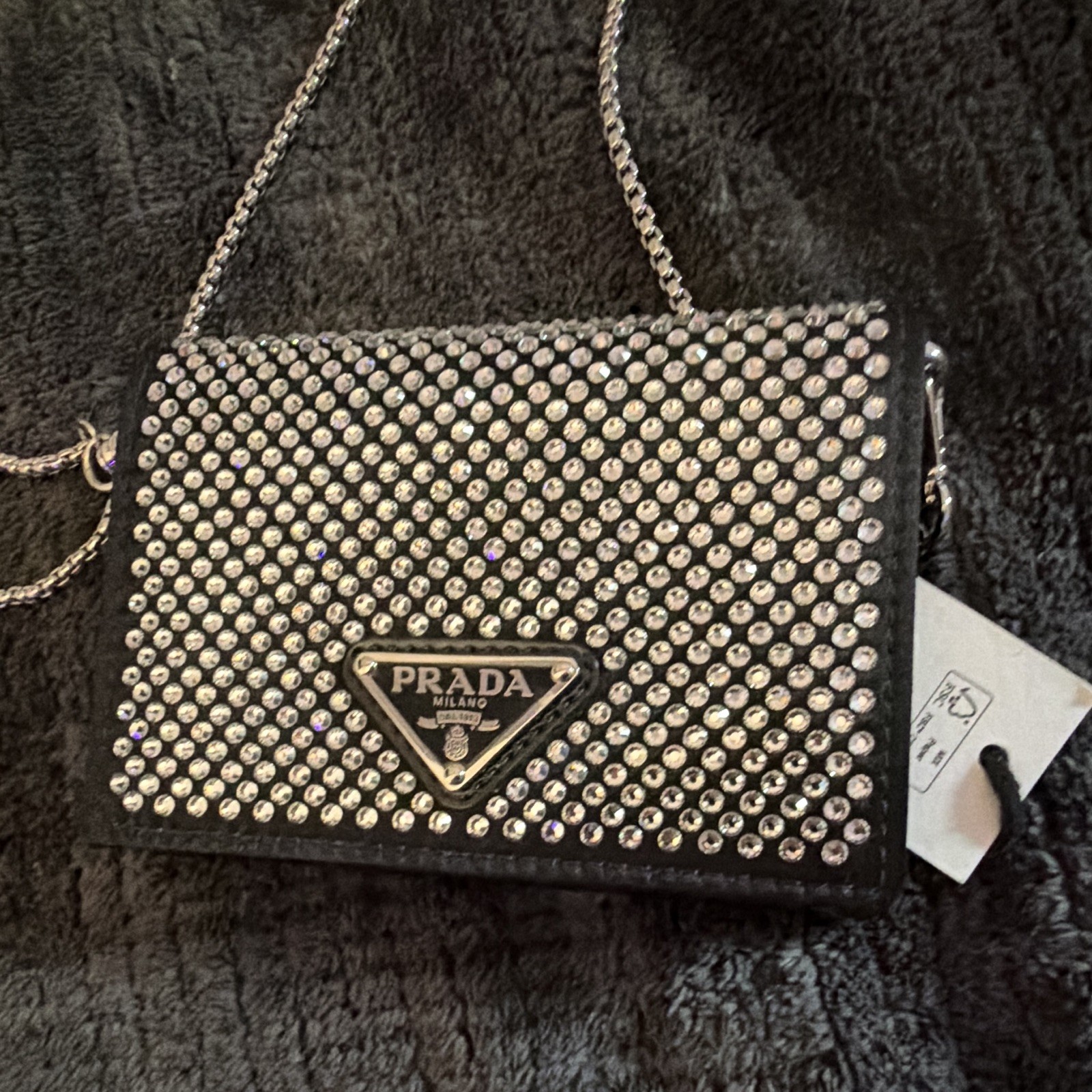 PRADA Rhinestone Crystal Mini Chain Crossbody Bag/Wallet Black Silver Snap