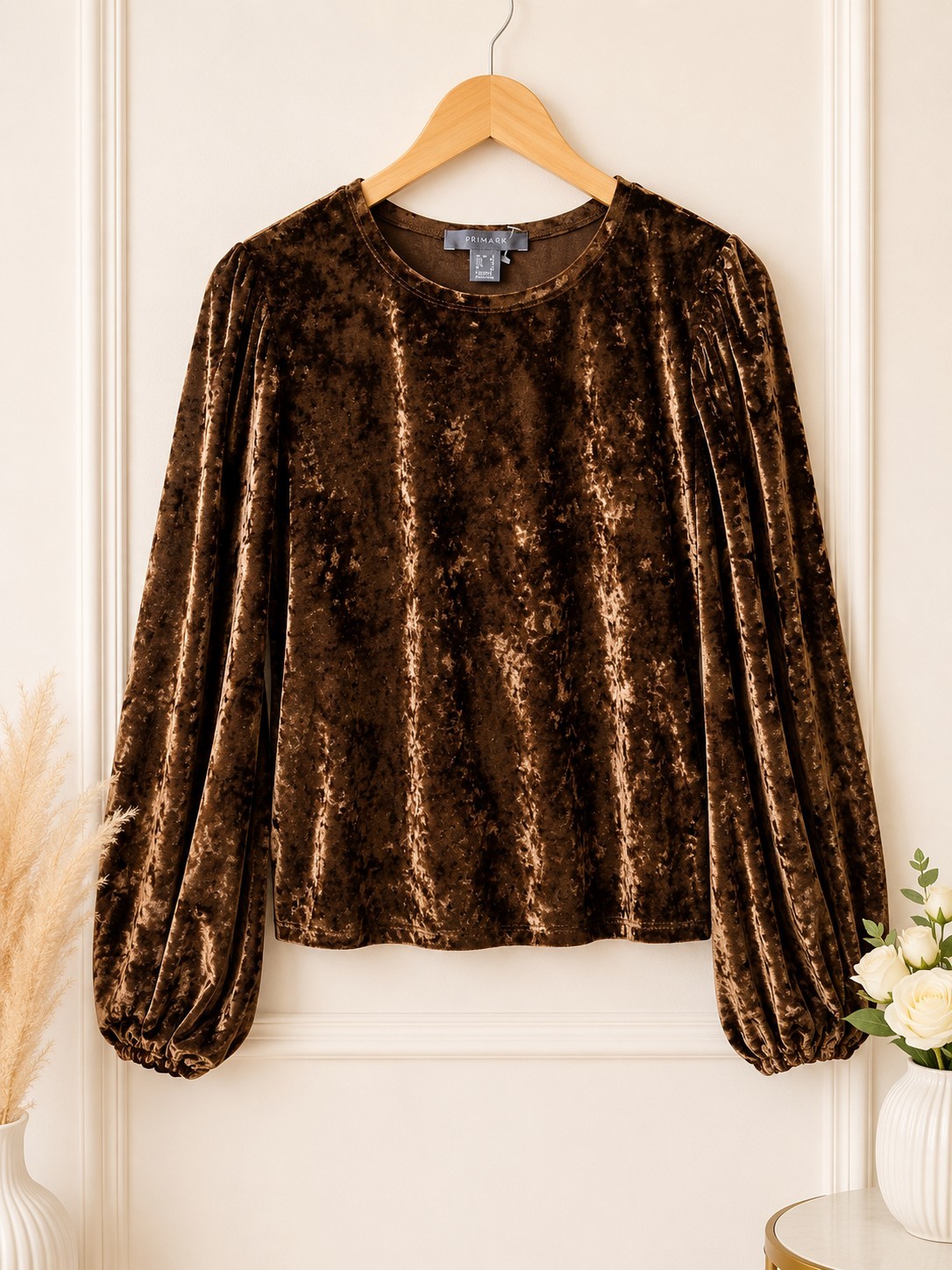 Primark Brown Crushed Velvet Top UK 10/EU 38 Long Sleeve Puff Sleeve Party Top