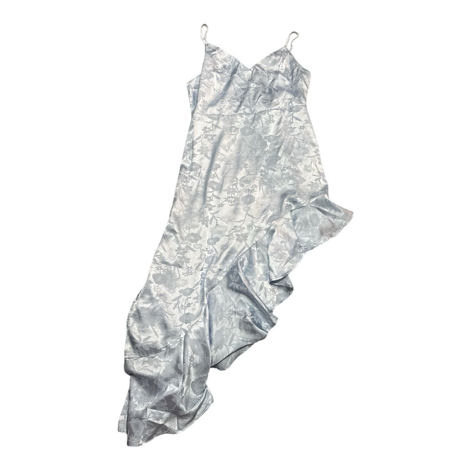 Lulu’s Love It Light Blue Satin Floral Jacquard Asymmetrical Midi Dress
