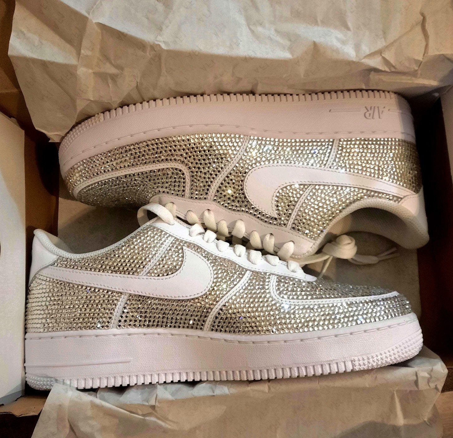Custom Nike Air Force 1s with Crystal Clear Rhinestones, All White
