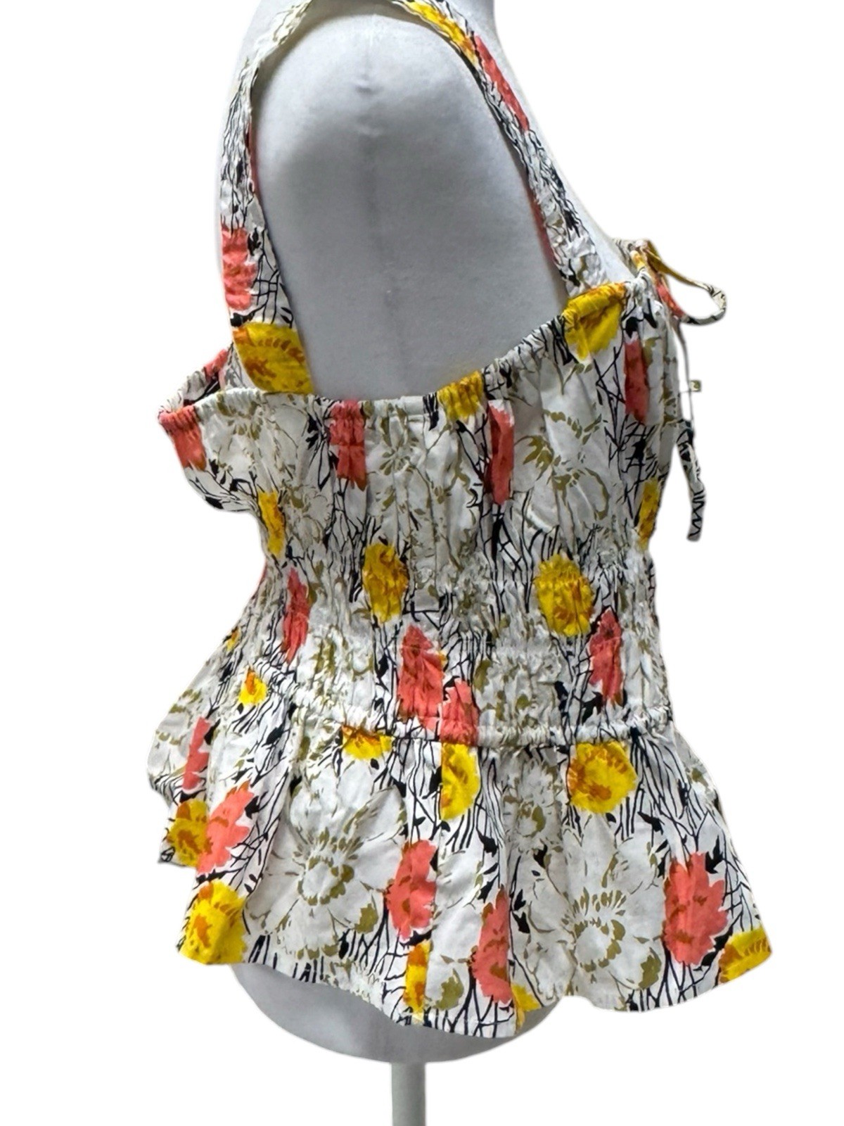 NWT BCBG Max Azaria Floral Coral & Yellow On White Ruched Peplum Tank Top US S
