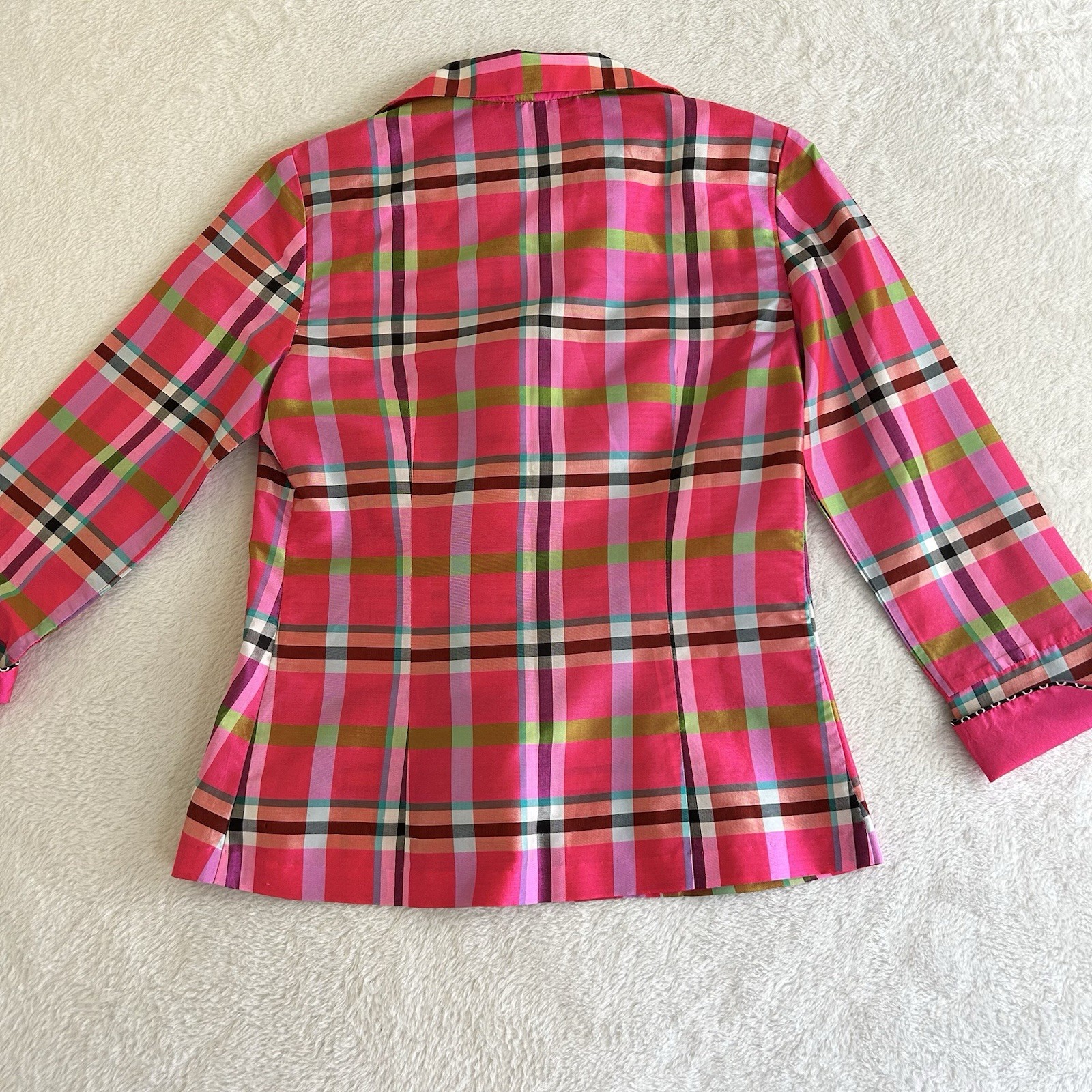 Marisa Baratelli Womens Blouse Size 4 Pink Plaid Button Up Collar 100% Thai Silk