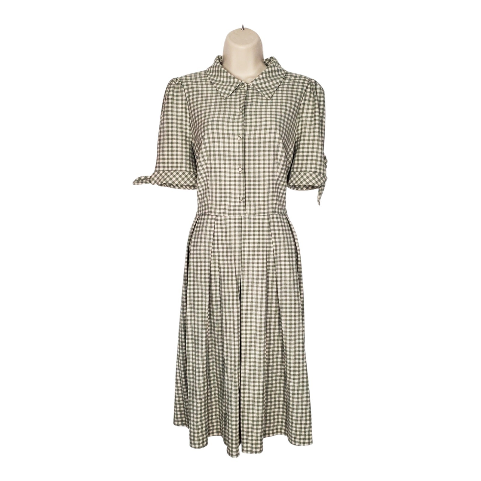 Gal Meets Glam Delilah Gingham Pleated Fit & Flare Midi Dress Green Cream Size 6