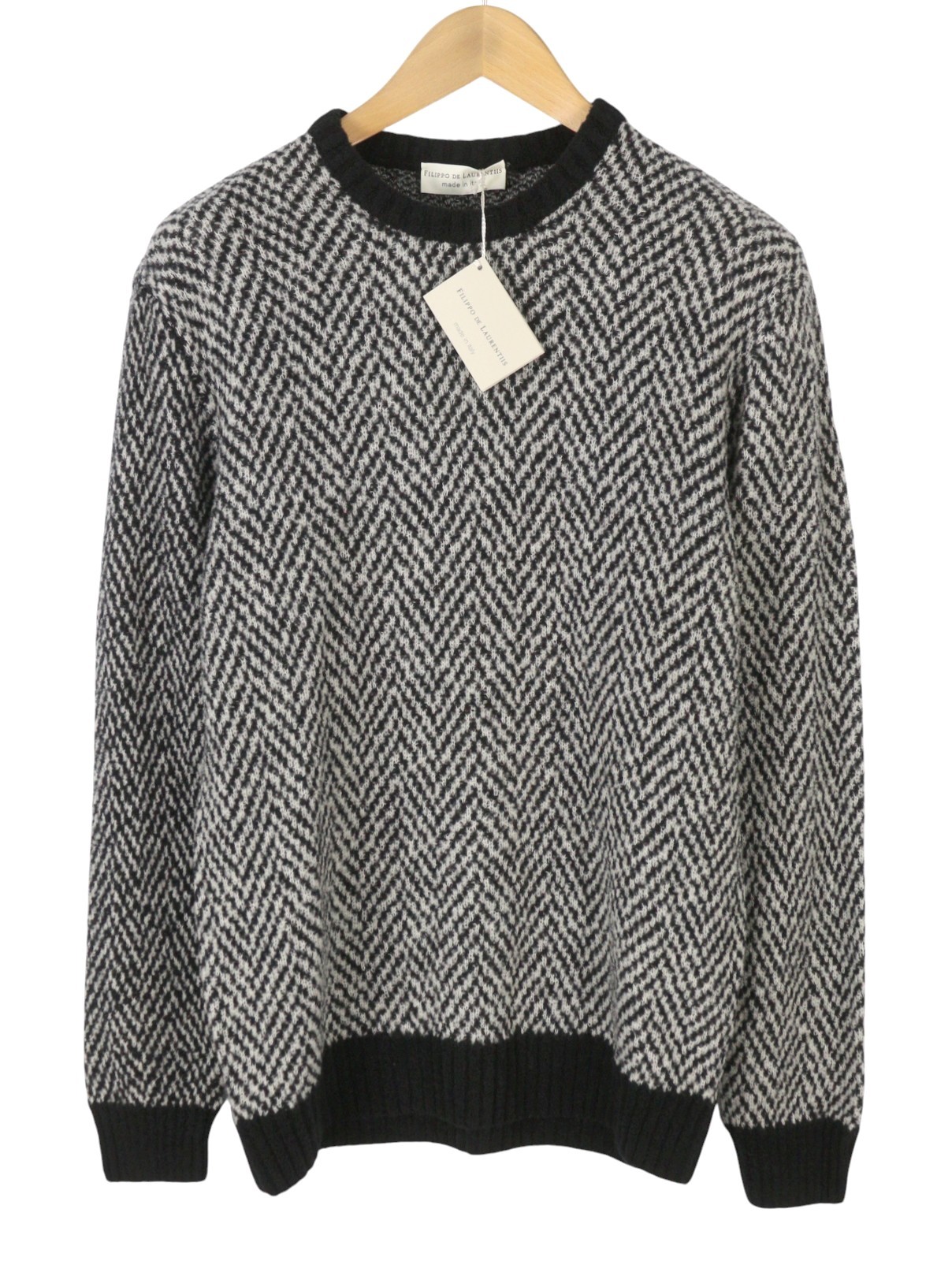 FILIPPO DE LAURENTIIS Men Jumper IT52 L Black Patterned Merino Wool Blend Knit