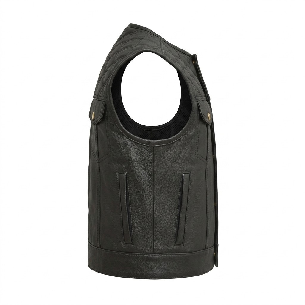 Men’s Black Genuine Leather Motorcycle Vest Biker Snap Front Quilted Club Vest