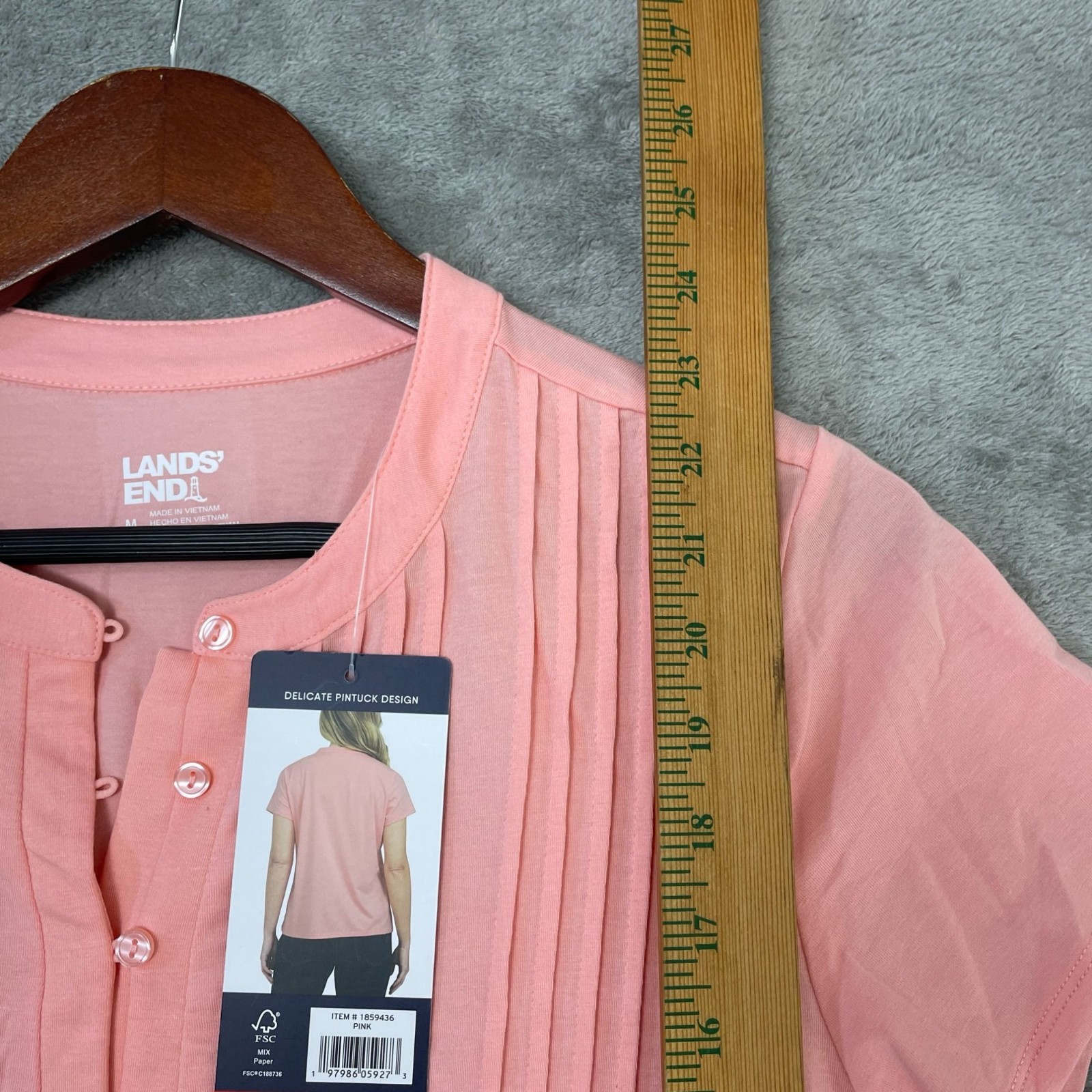 NWT Lands’ End Women’s M Short Sleeve Pintuck Blouse Pink Cotton Modal C0723