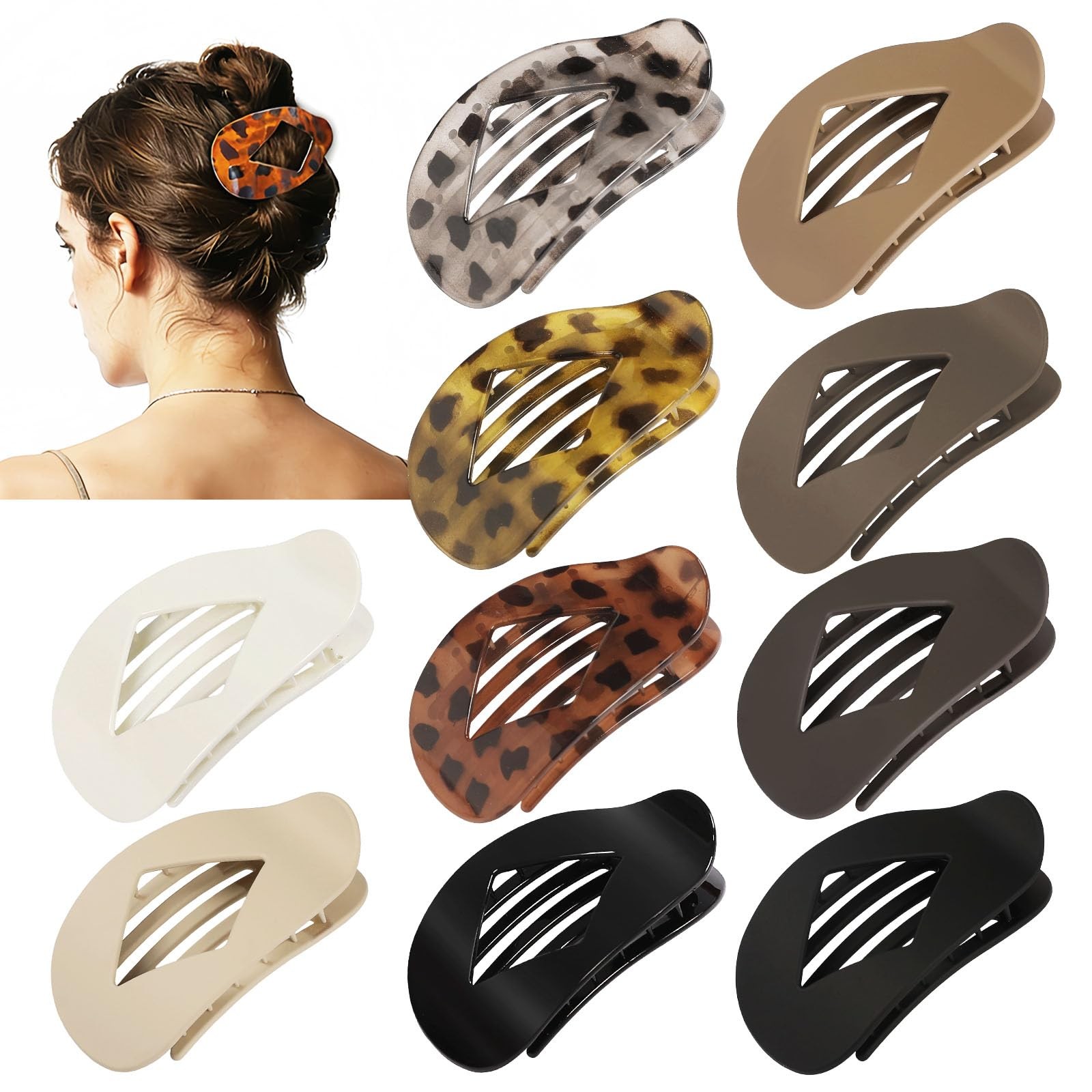 10 PCS Flat Hair Clips for Women – Large Matte 10 Count (Pack of 1), Leopard