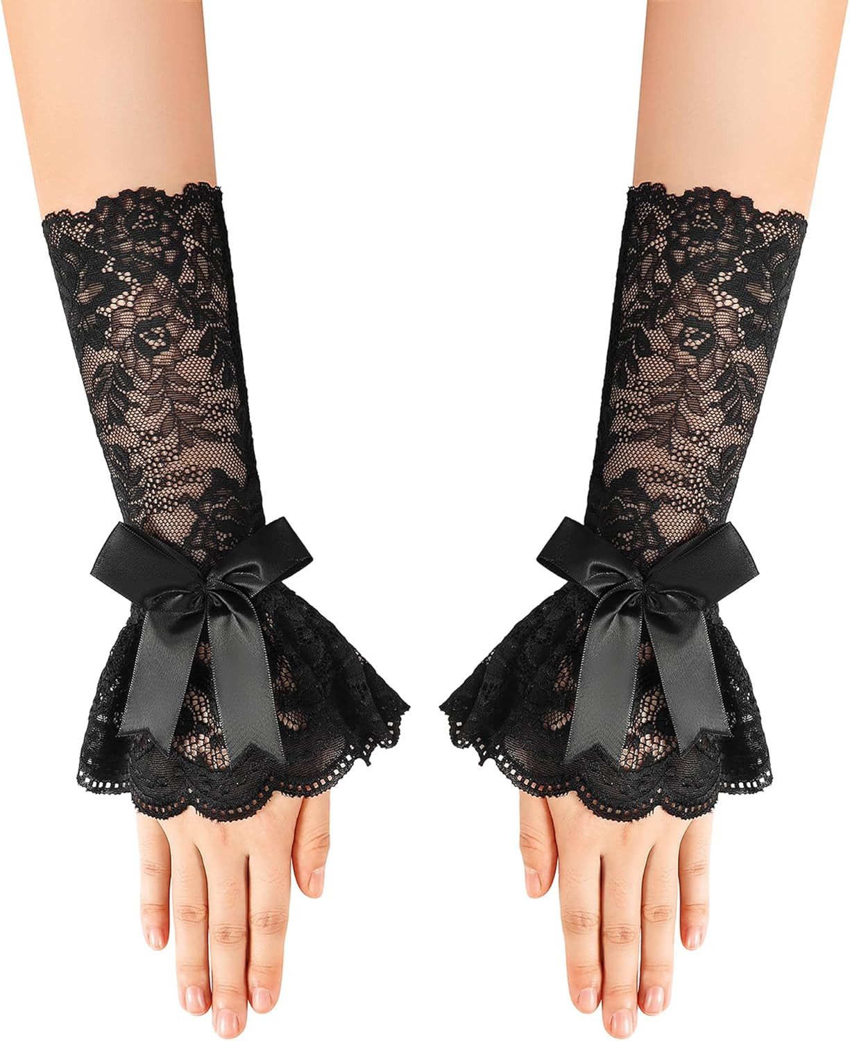 Women Ruffle Bow Lace Gloves Fingerless Mid Elbow Sleeve Costume Wedding Opera T