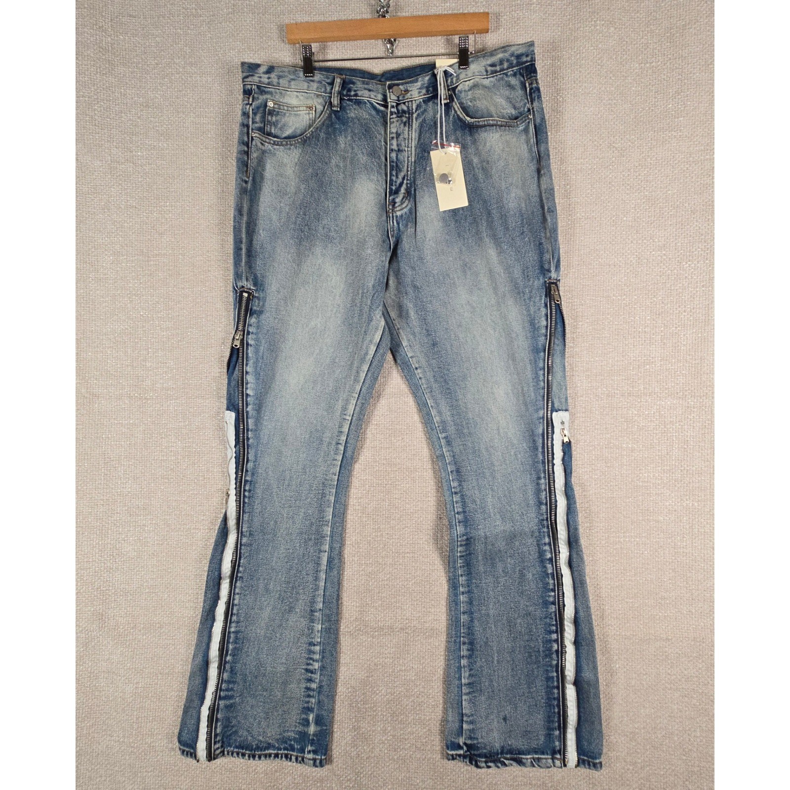 MNML B574 Zipper Denim Mens Size 40×36 Light Blue Wash Multi-Zip Flare Jeans