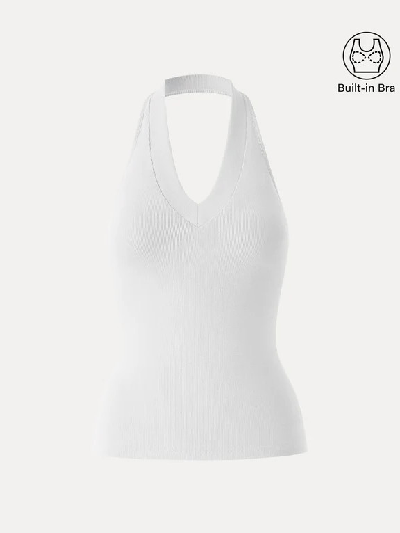 OGL Plantive Halter Neck Open Back Bra Tank, White