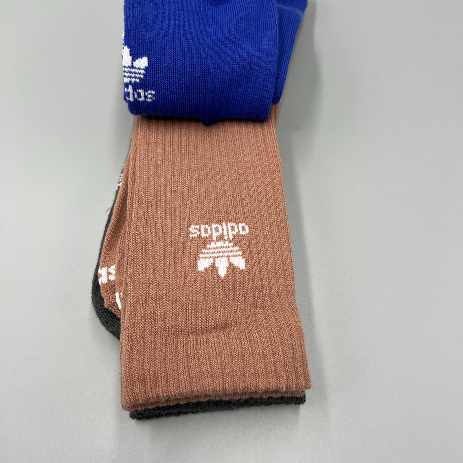 3 Pairs! Adidas Crew Socks, Blue, Grey, Brown. Sz Large, Mens 8-12, Womens 10-13