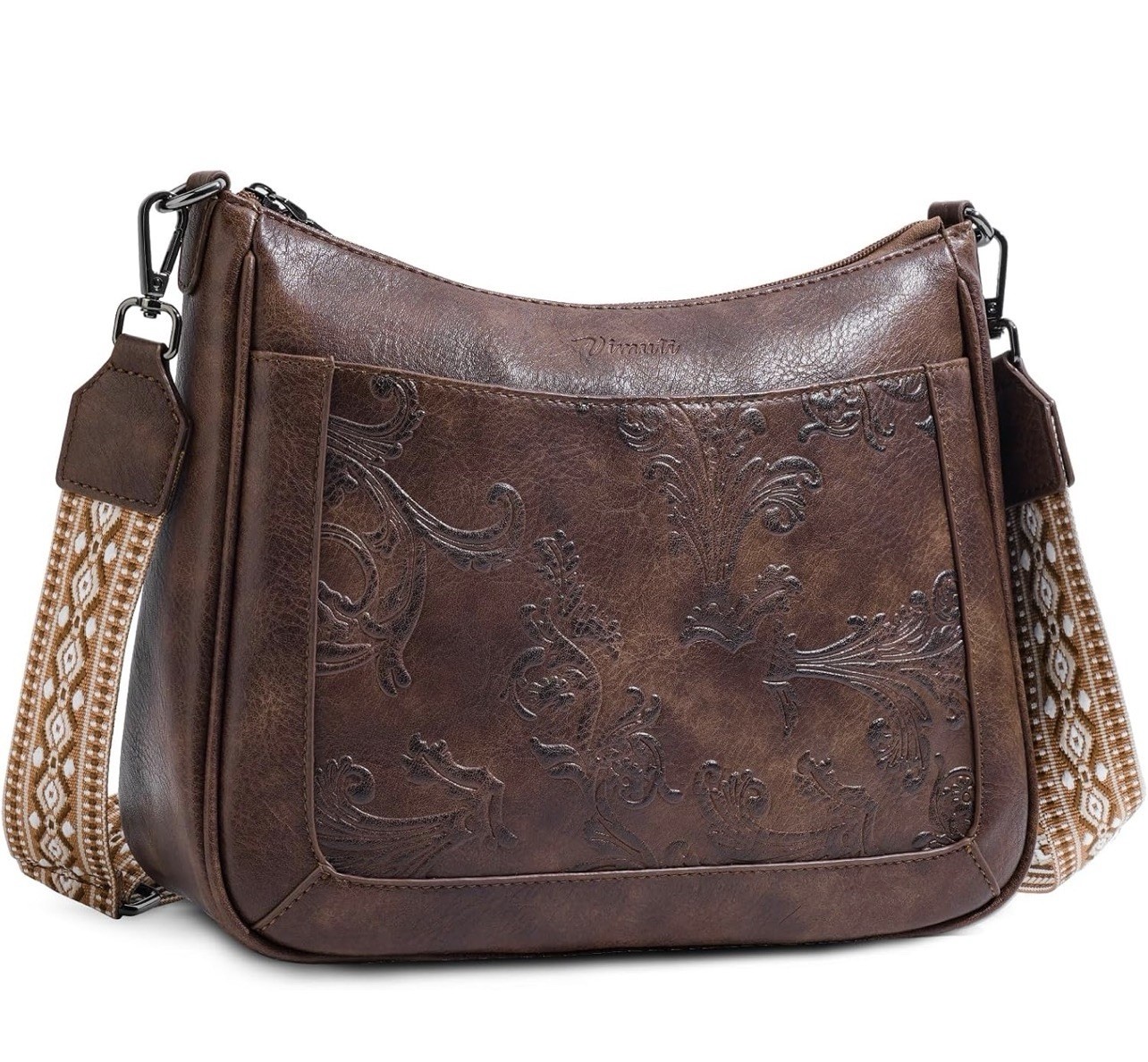 Women Crossbody Bag Vegan Leather Purse Multi Pocket Flower Strap Lightweight