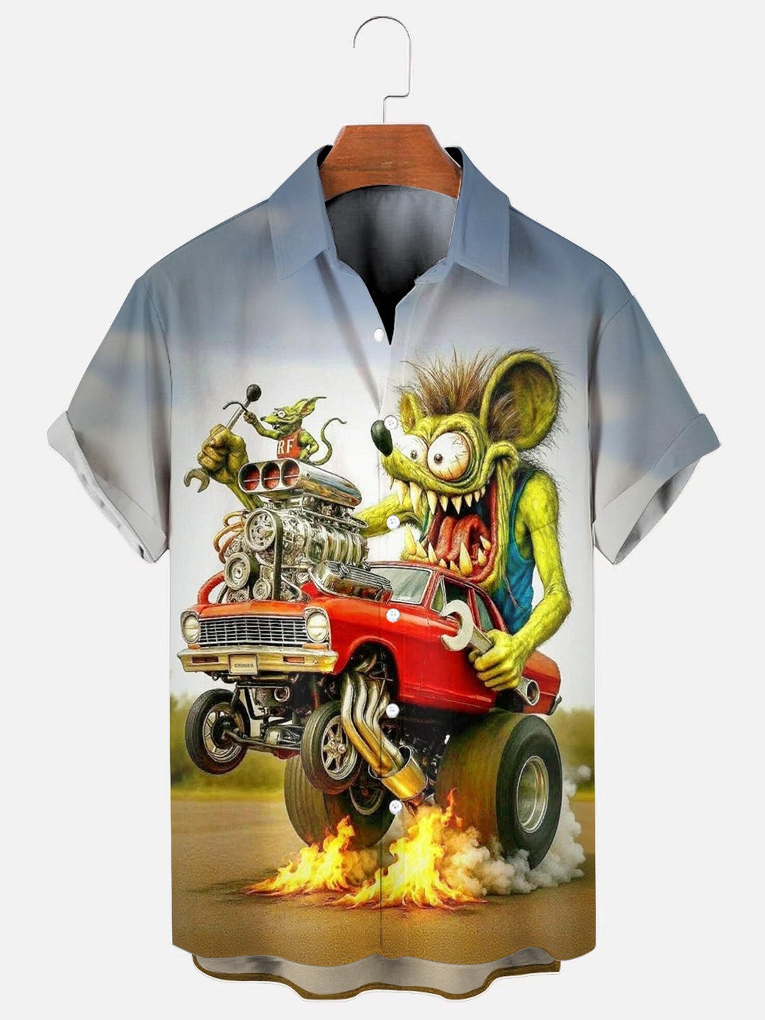 Mens Vintage Car Mouse Cartoon Print Hawaiian Chest Pocket Short Sleeve Shirt