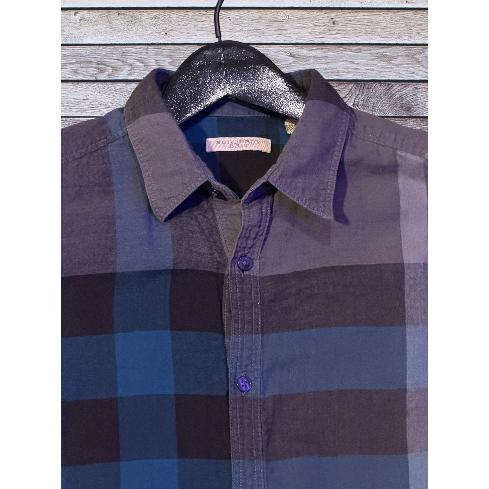 Burberry Brit Mens Blue Grey Exploded Check Long Sleeve Button Down Shirt S