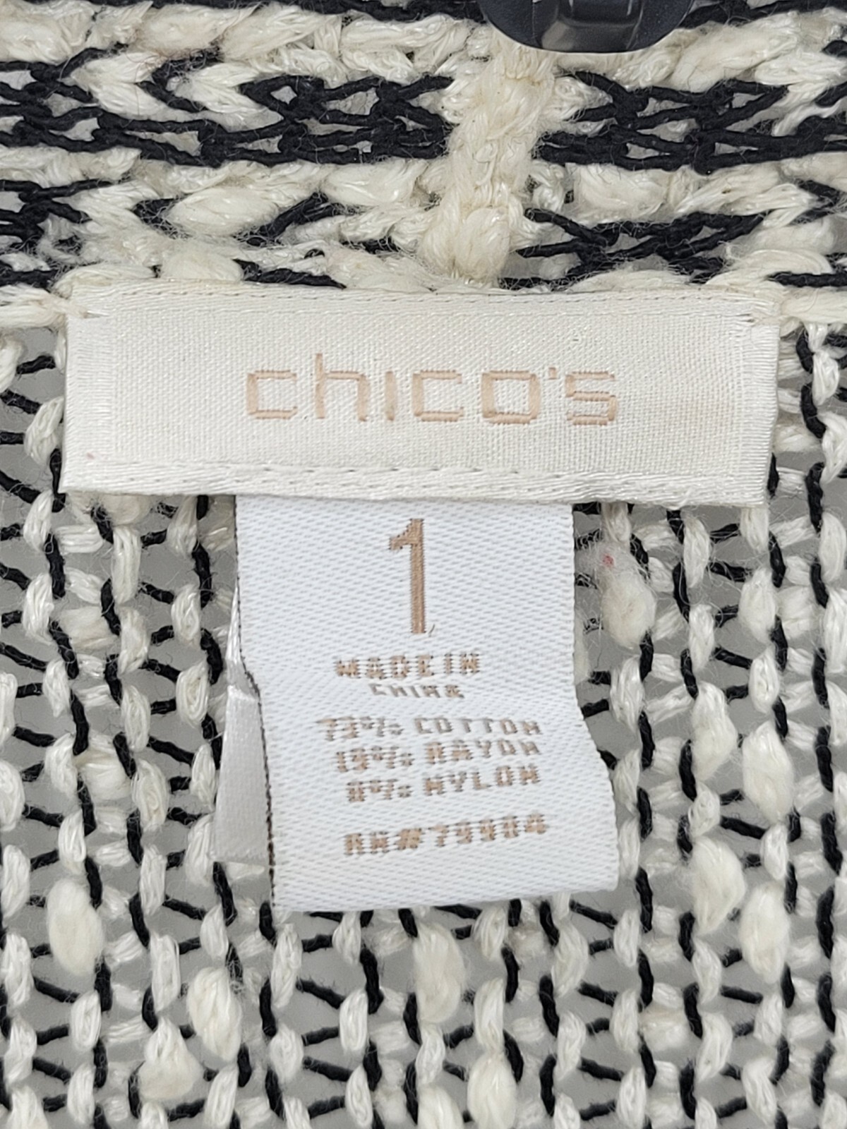 Chicos Cardigan Sweater Womens Medium 1 Black Ivory Marl Open Front Boho Artsy