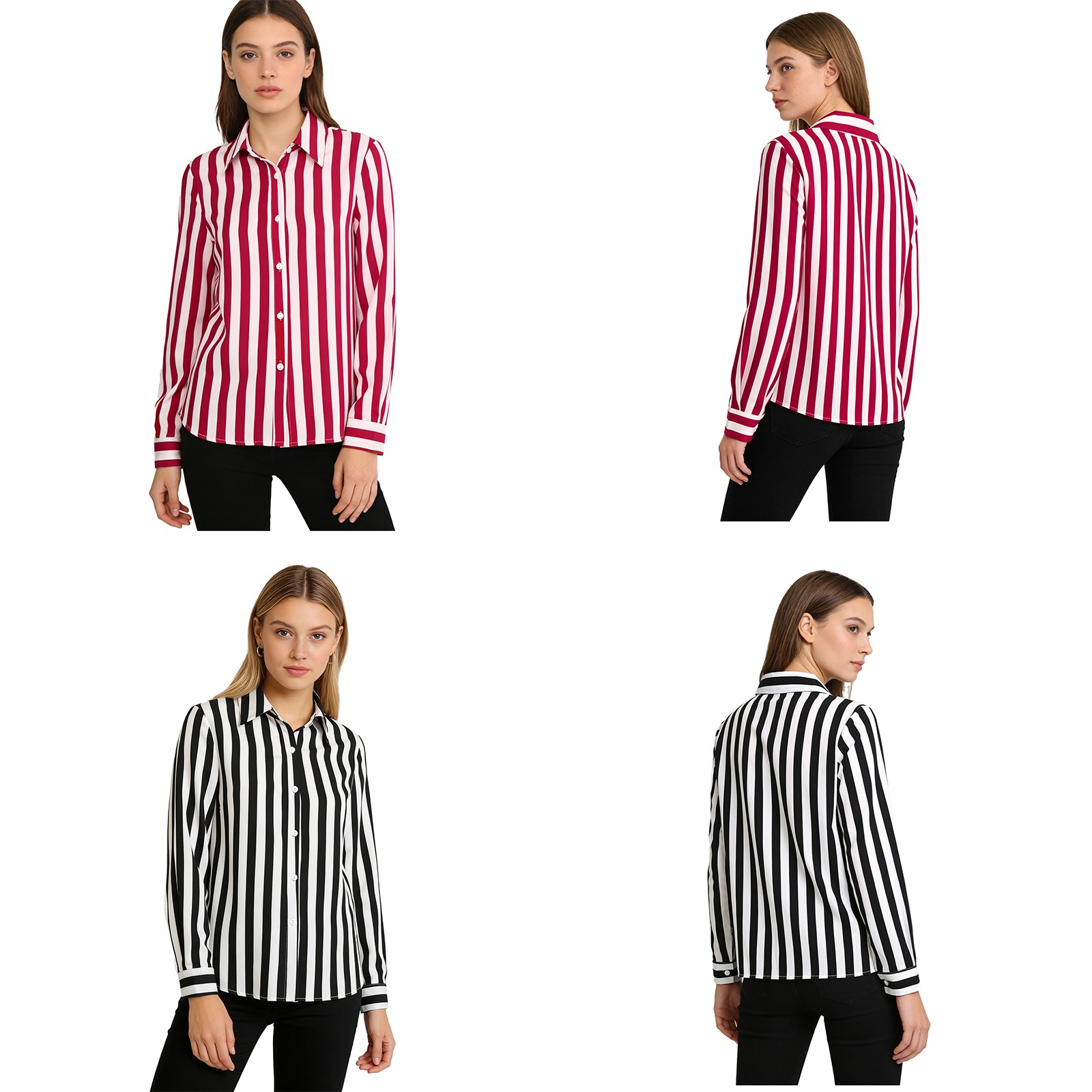 Womens Top Button Blouse Casual Shirt Collared Lapel Striped Stylish Down Club