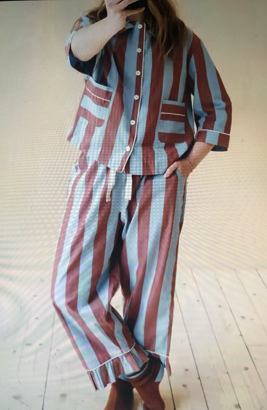 Striped Button-Front Collared Pajama Set lounge sleep free people Anthropologie