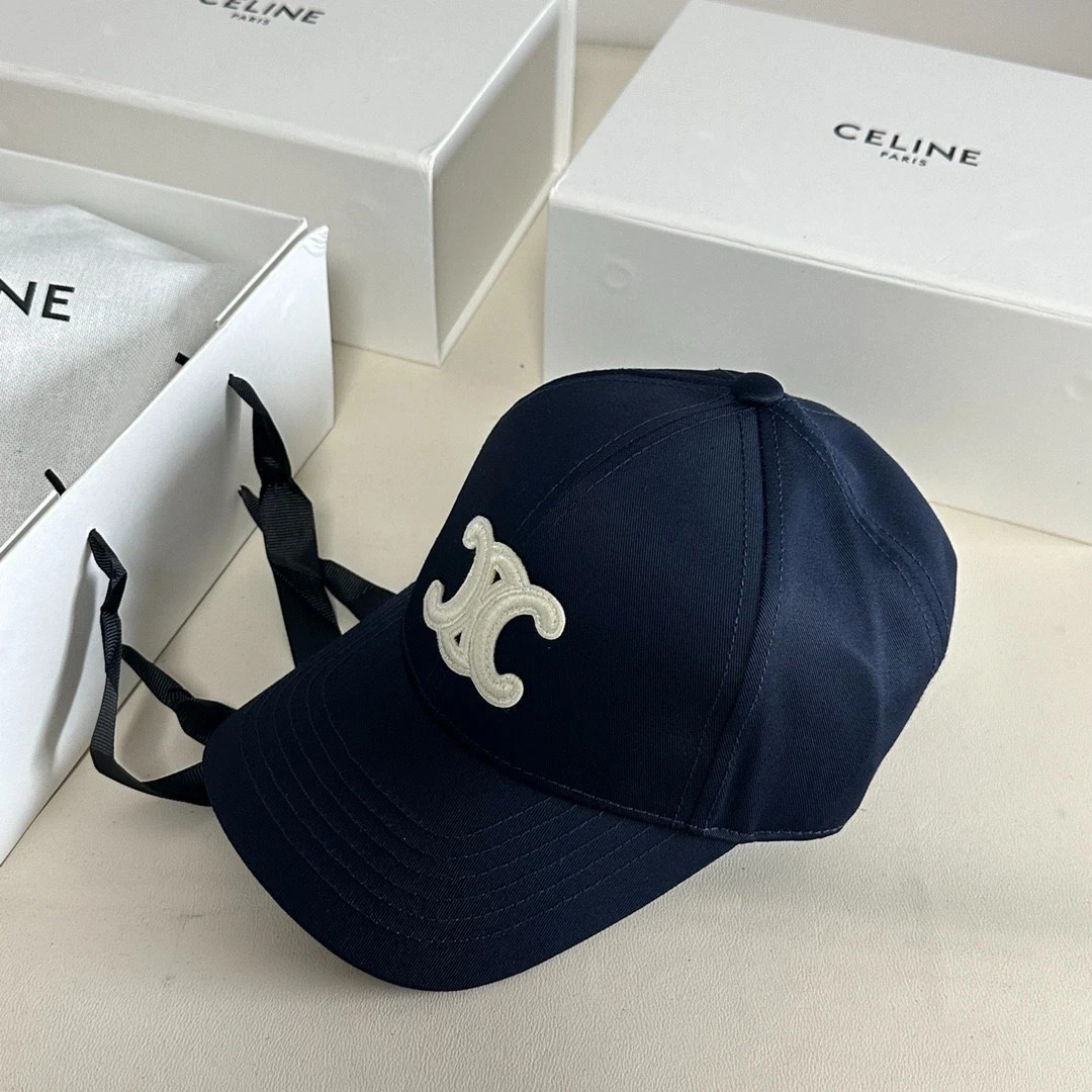 Celine Navy Baseball Cap White Triomphe Logo Women Preppy