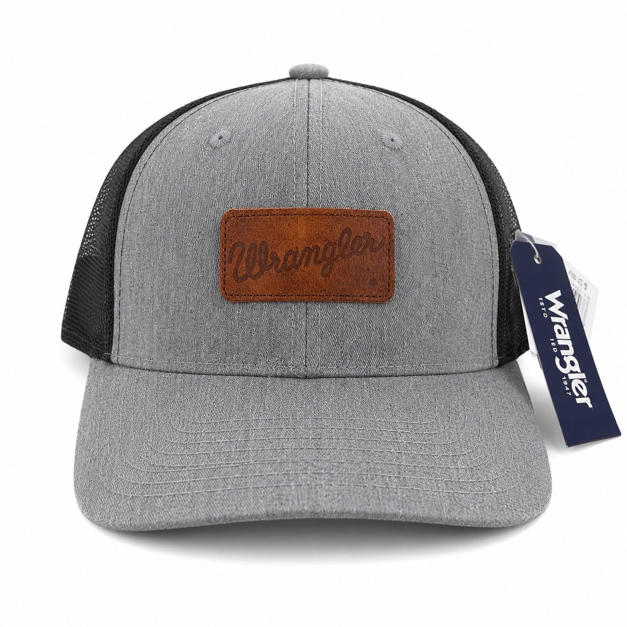 Wrangler Gray Black Mesh Trucker Snapback Hat Leather Patch Cap NWT Adjustable