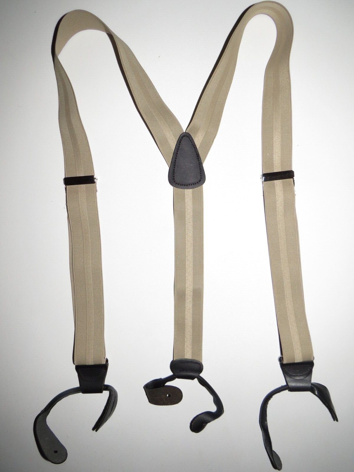 Men’s Suspenders, Y Style Hi Lite Grey Stripes, Button On with Leather Ears, USA