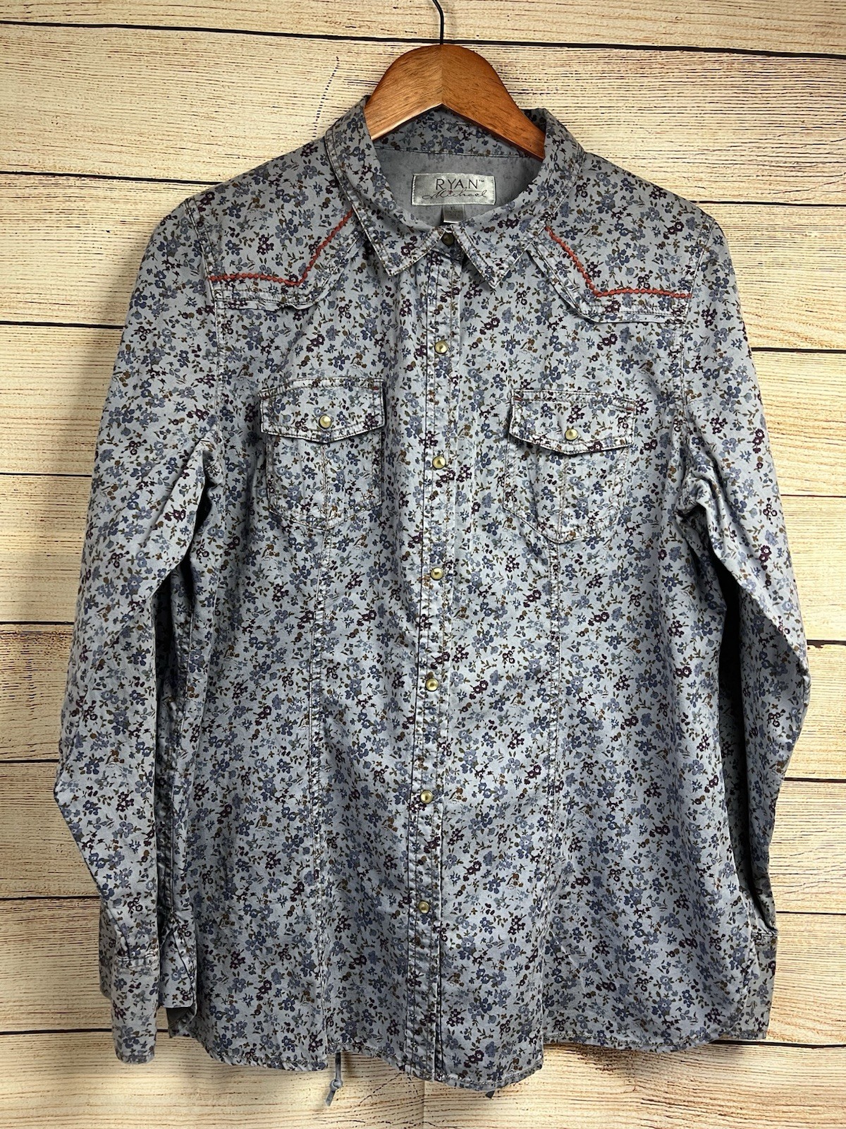 Ryan Michael Snap-Up Western Shirt Sz XL Lace-Up Corset Back Cotton Floral Blue