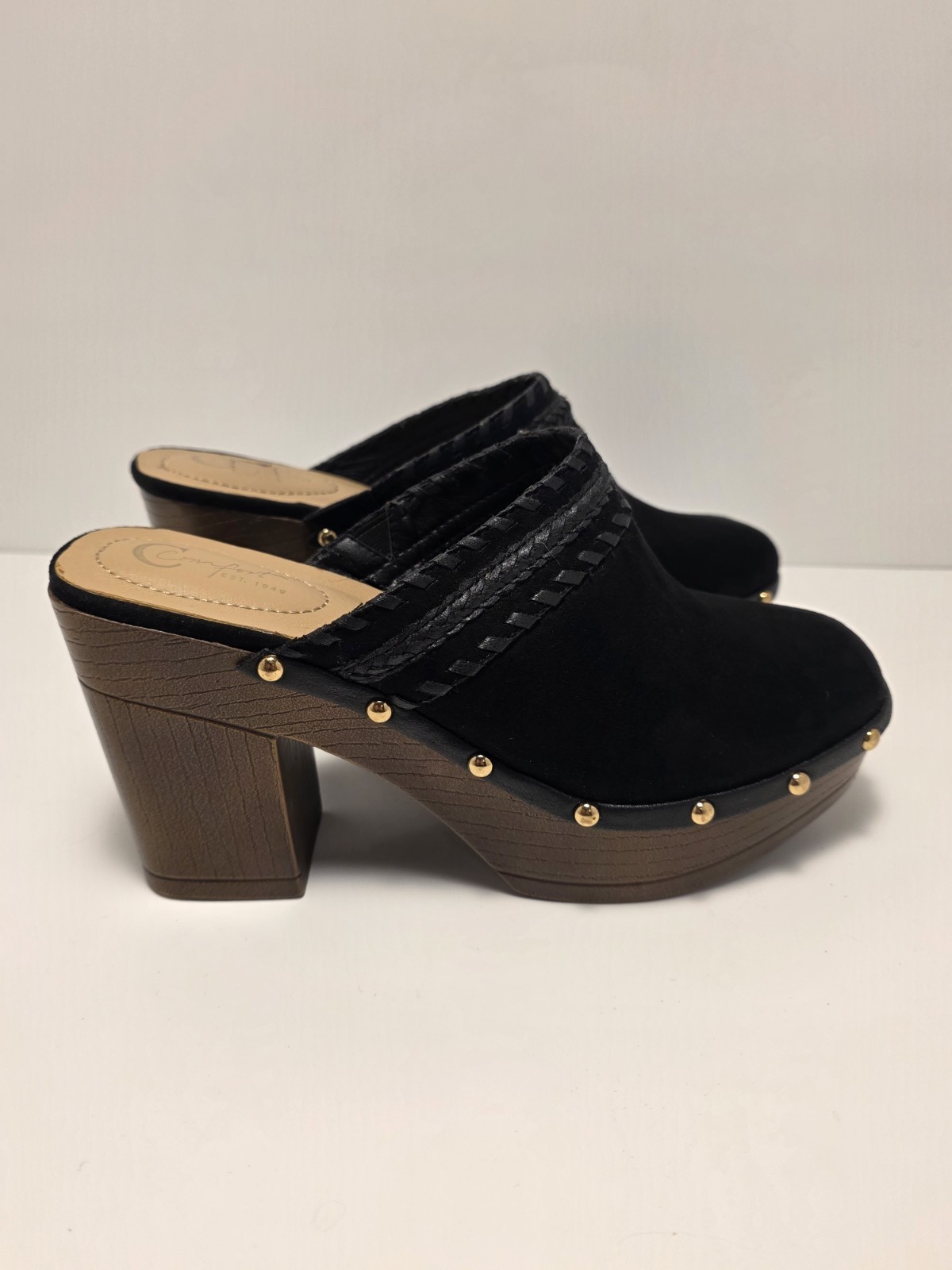 J Crew Faux Suede Clogs Mule Braided Strap Studded Wood Heel – Size 9m
