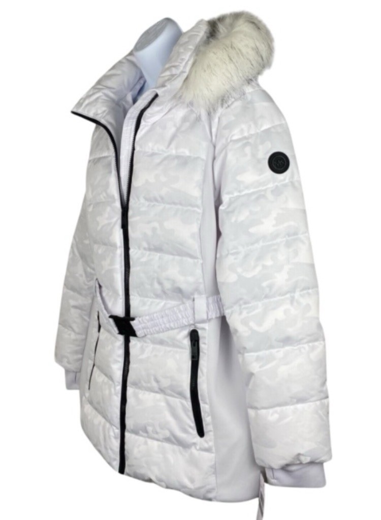 Michael Kors Puffer Jacket Detachable Hood MK Belt Camo White Faux Fur Trim Logo