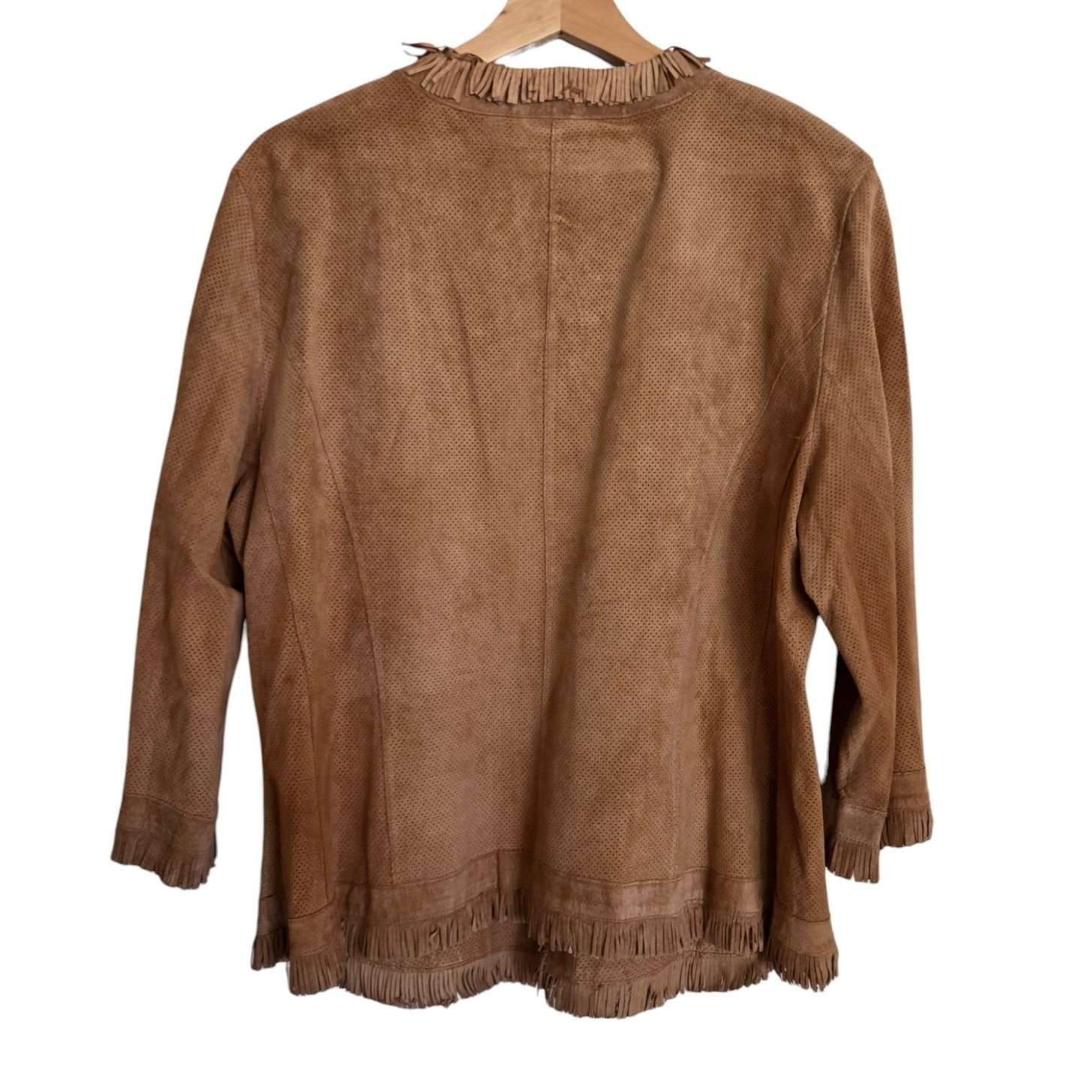 Chico’s Distressed Fringe Leather Shacket Shirt Jacket 3/4 Sleeve Sz 3 or XL