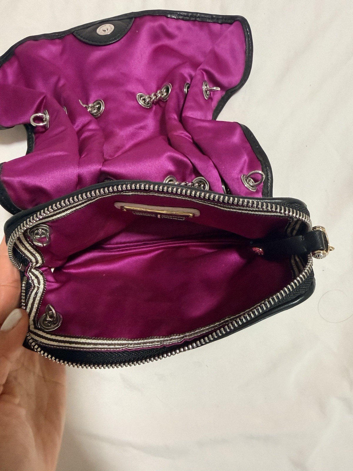 Henri Bendel Black & Silver Sequin Striped Clutch Chain Strap Purple Lining