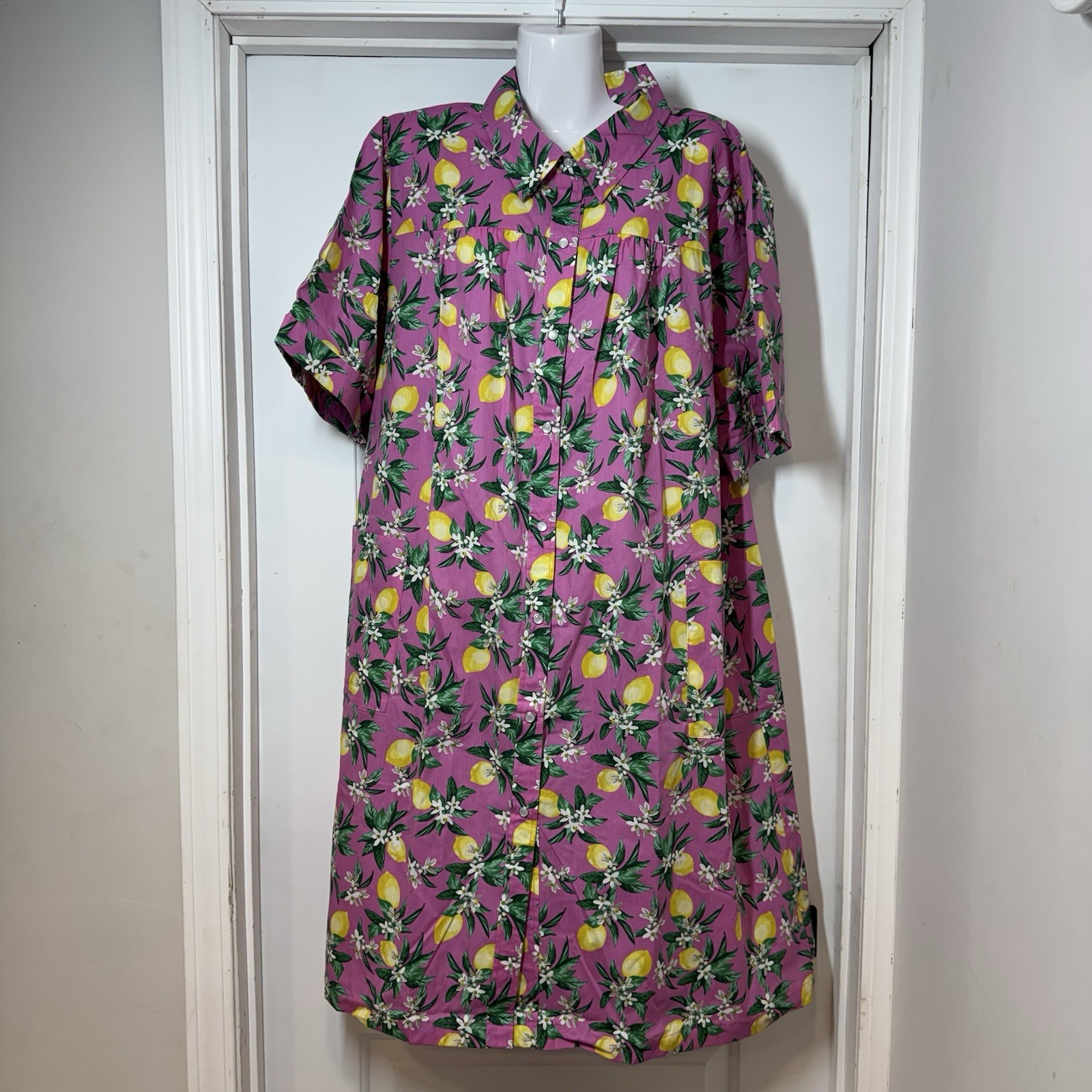 NWT National House Patio Dress 1X Pink Lemon Fruit Muumuu Pearl Snap Robe