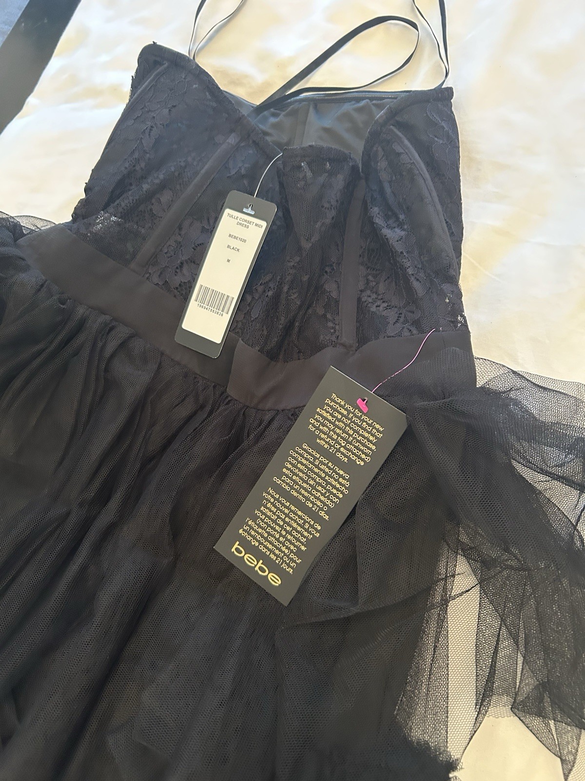 bebe Black Tulle Lace Corset Midi Dress Sweetheart Neckline Size M