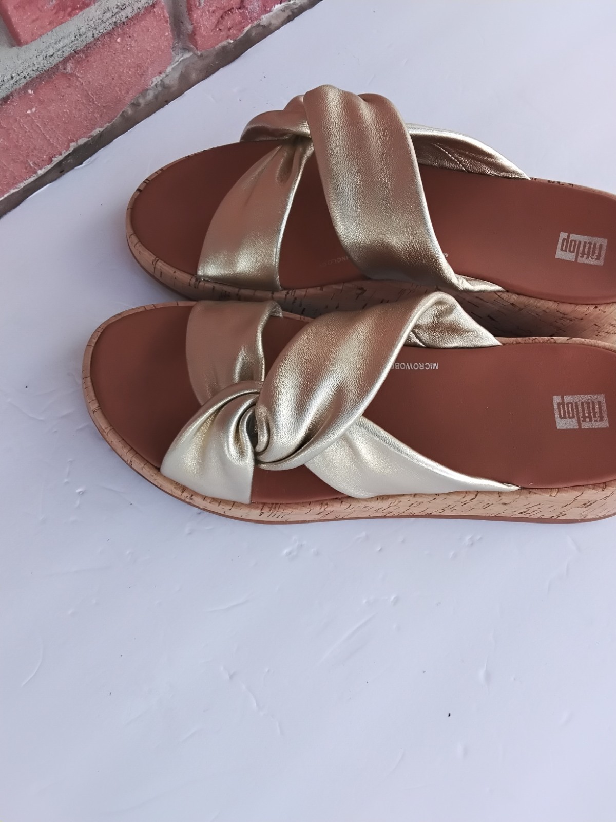 FitFlop F-Mode Twist Platform Gold Leather Slide Sandals US 10 Eu 42