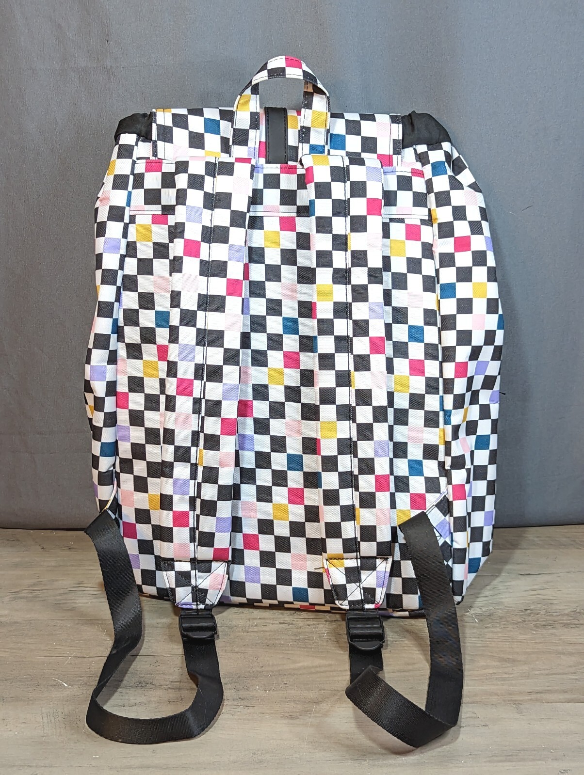 Checkered Drawstring Strap Cargo Two Pocket Backpack School Travel Book Bag
