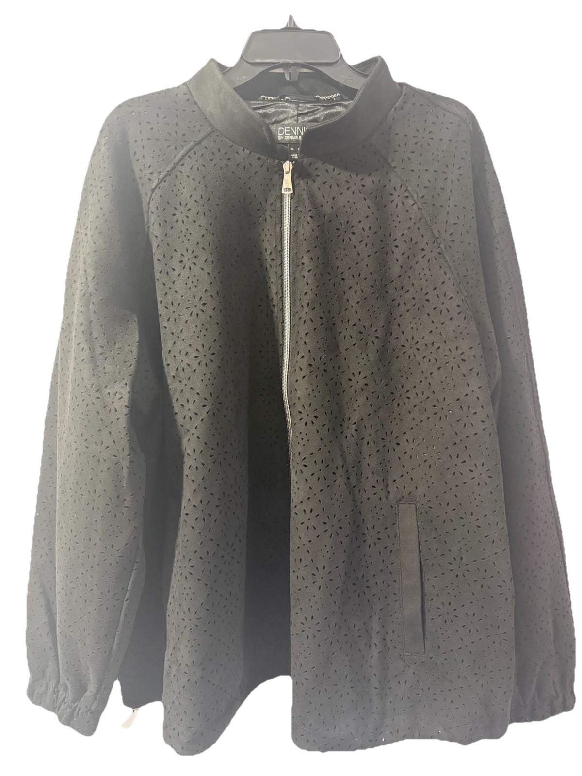 Dennis By Dennis Basso Women’s Light weight laser-cut faux suede jacket-XL-BLACK
