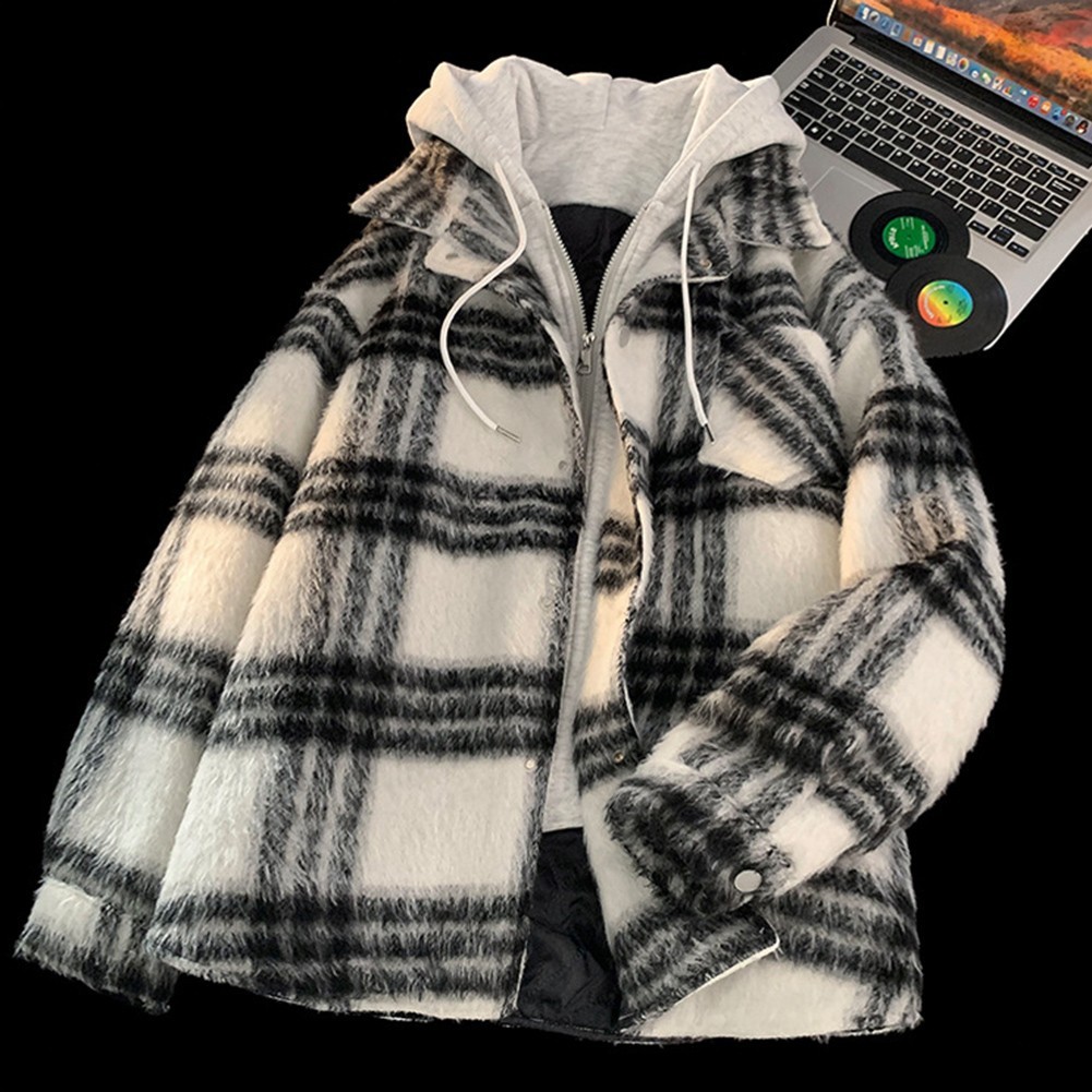Men Plaid Jacket Checked Cardigan Polyester Spandex Blend Plaid Pattern