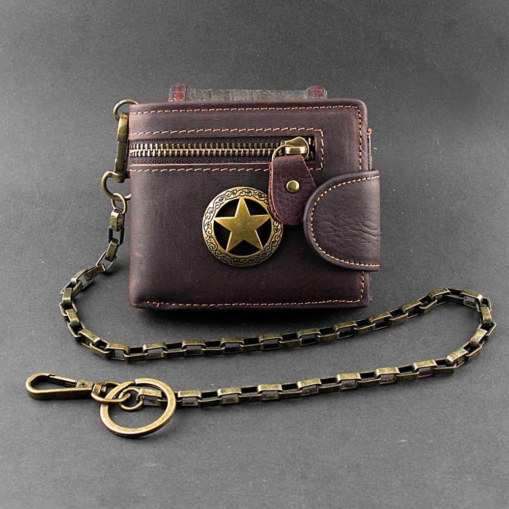 Star Genuine Leather Zipper Card Money Men’s Wallet With chain