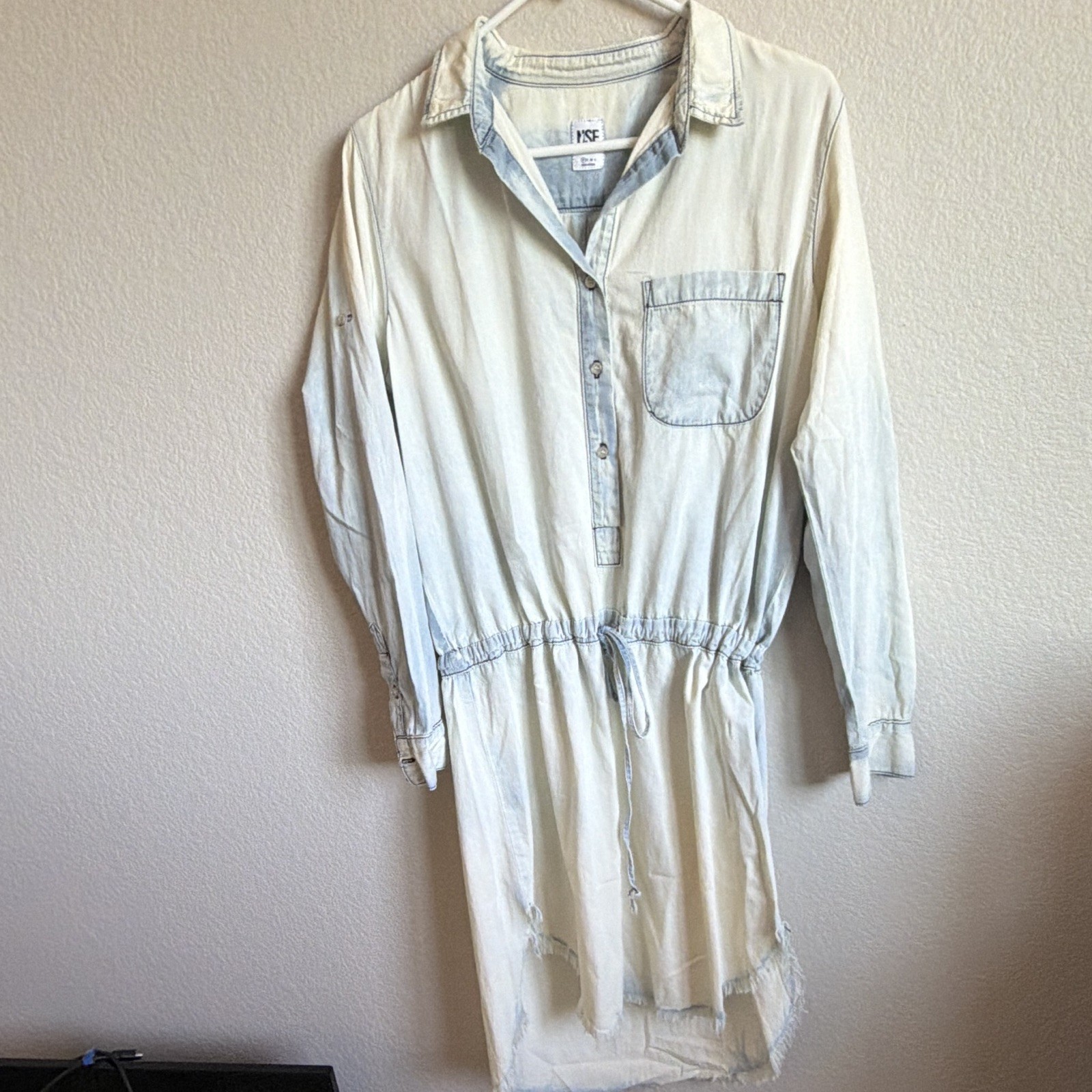 NSF Women’s Light Blue Chambray Shirt Dress Collared Button Drawstring S
