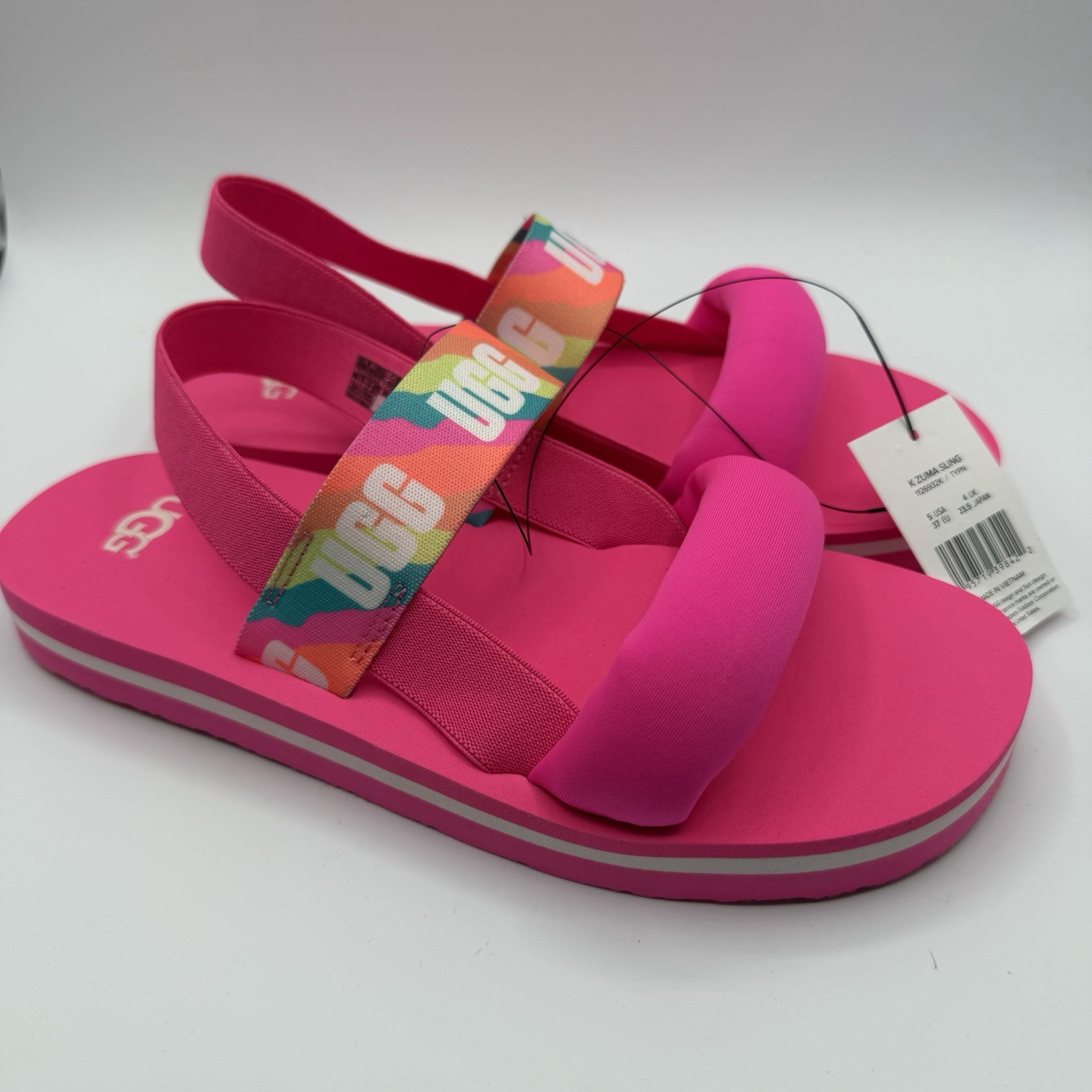 UGG Zuma Sling Sandals Neon Pink Rainbow Logo Strap Kids 5 Womens 7 NWT