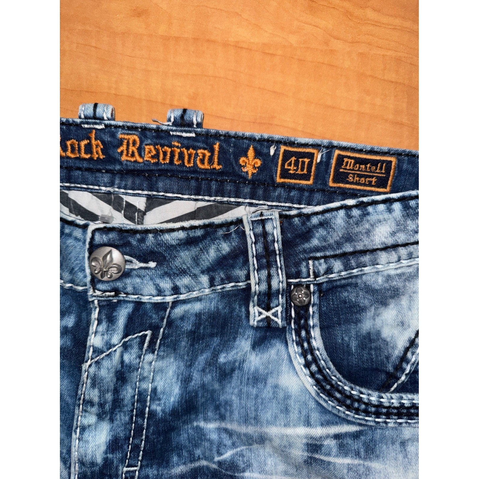 Rock Revival Montell Short Mens 40 Blue Acid Wash Distressed Moto Denim Shorts