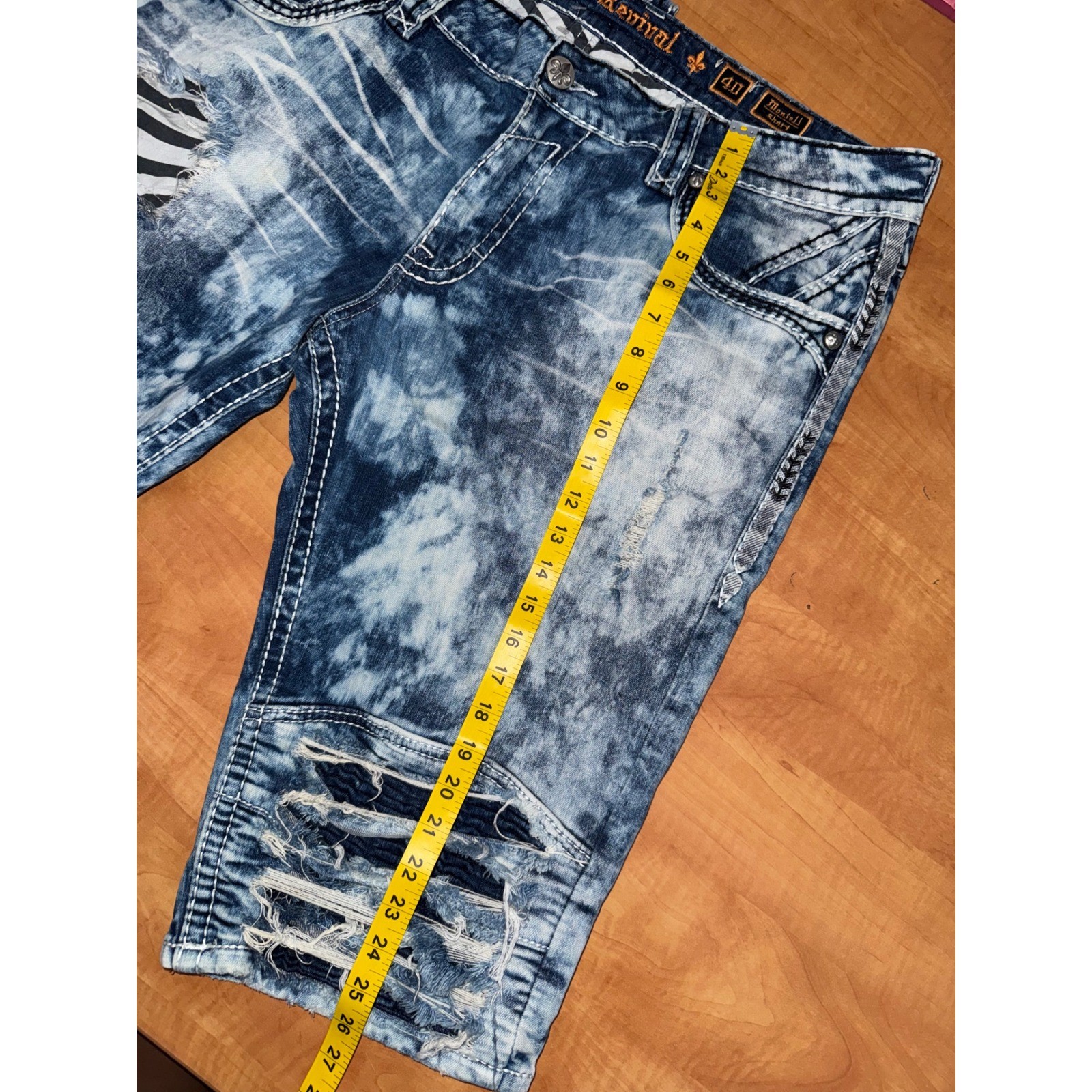 Rock Revival Montell Short Mens 40 Blue Acid Wash Distressed Moto Denim Shorts
