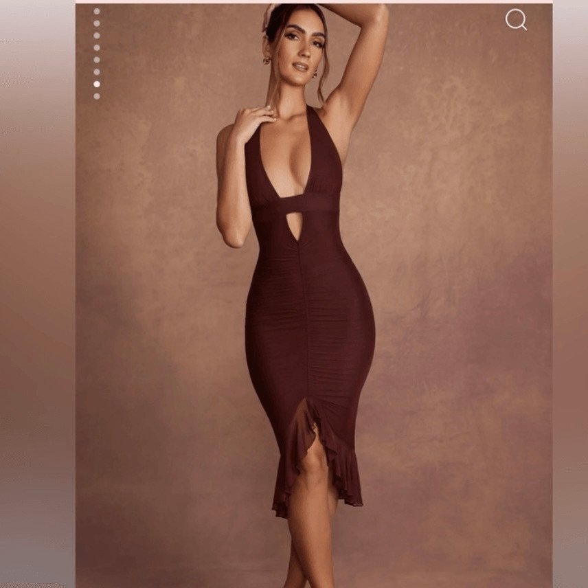 Oh Polly Rosalia deep plunge old money mermaid trumpet ruching earth tones sexy
