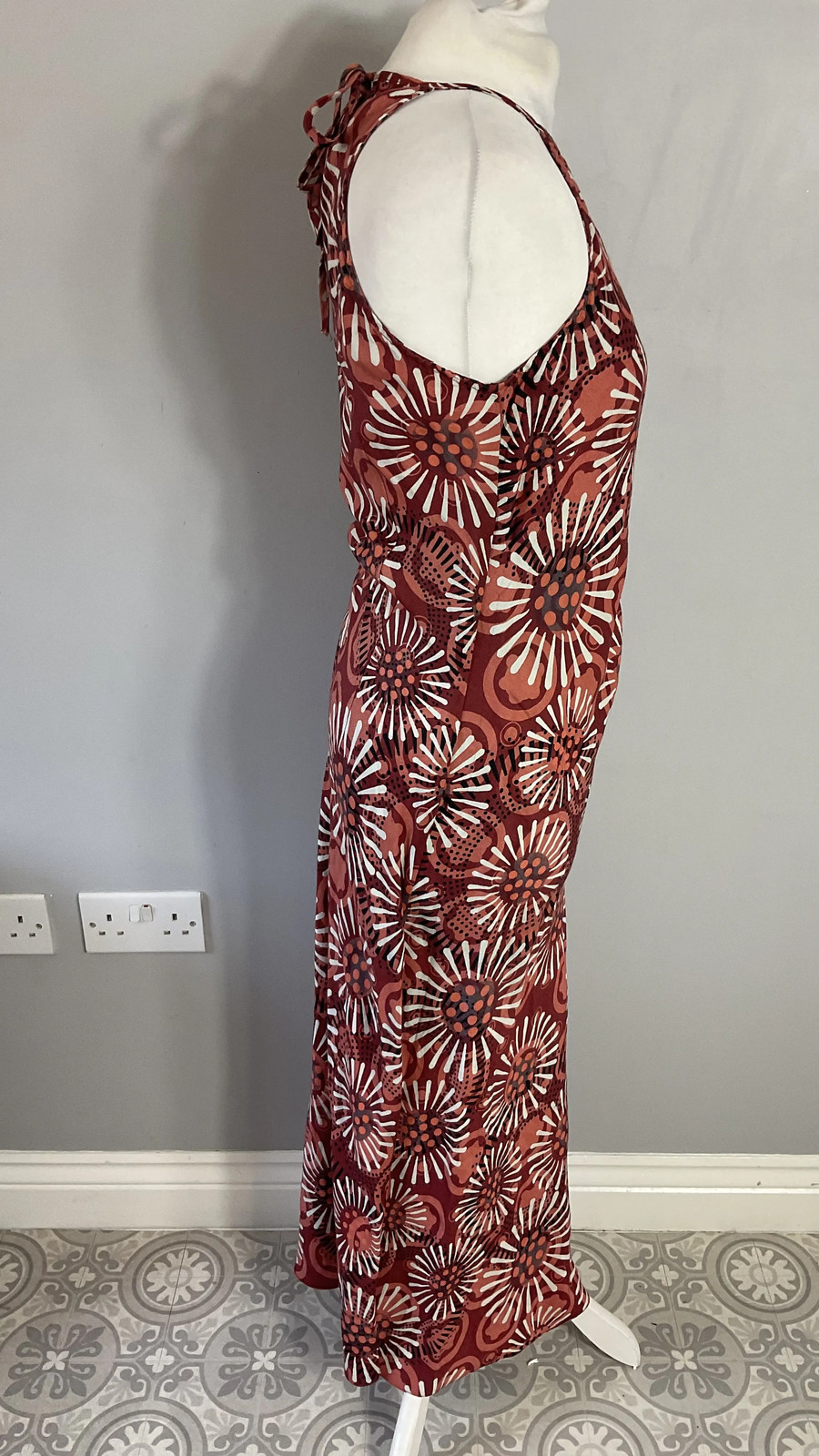 Deep red sunflower floral print linen mix midi slip dress UK 12 14 Debenhams