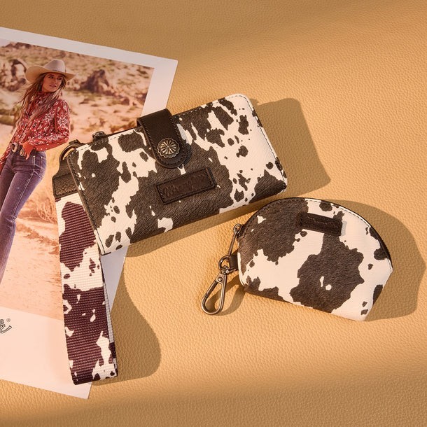 Wrangler Cow Print Wallet & Coin Pouch Wristlet Set