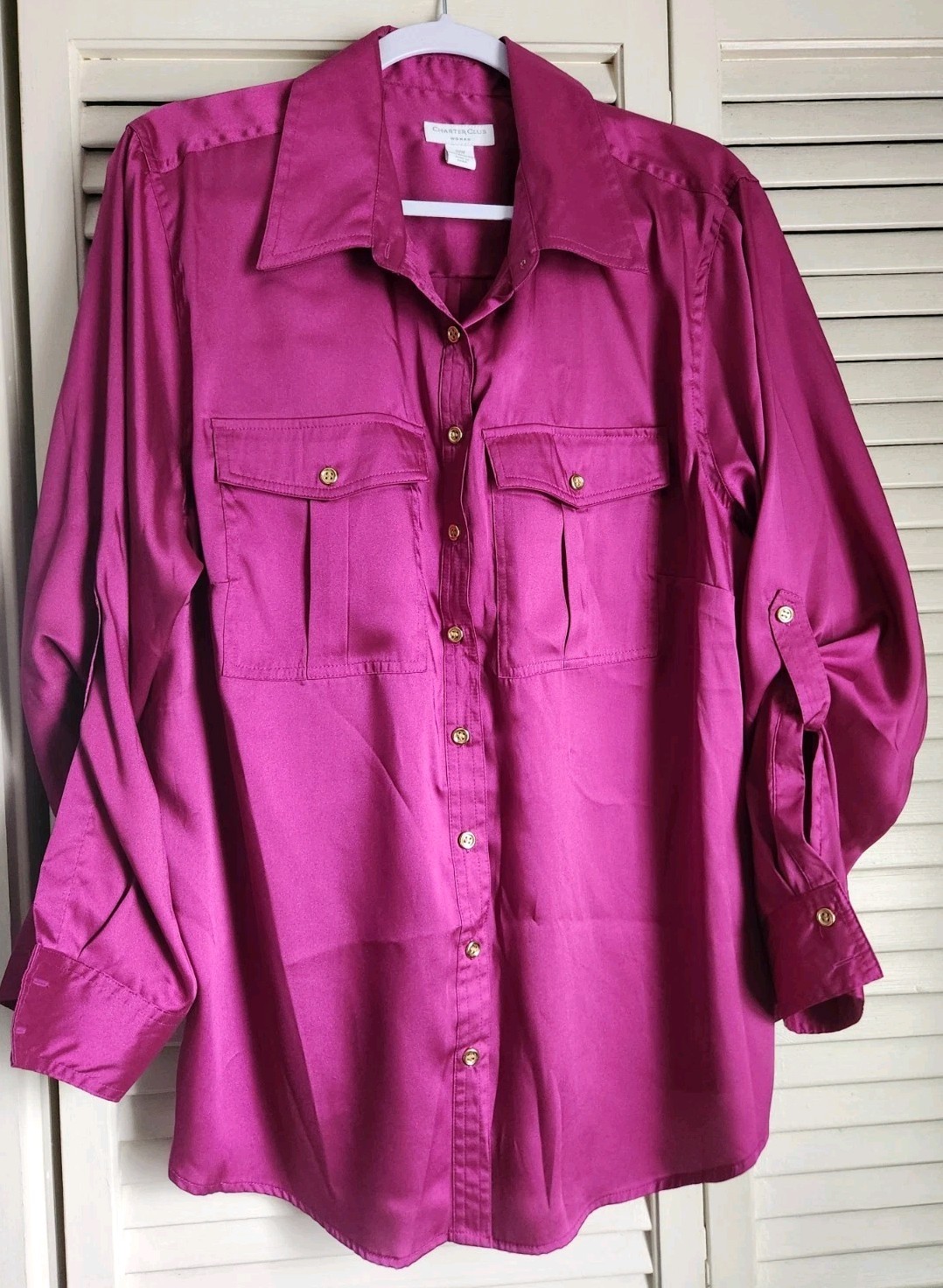 NWT”s Kismet Silky Satin Button Up Roll Tab Sleeve Blouse Plus Size 18W Pink