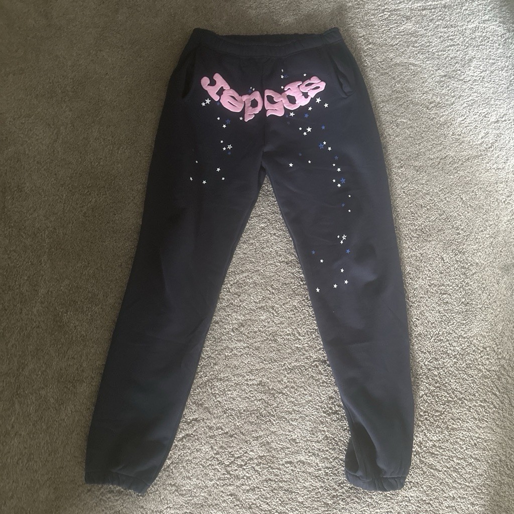 sp5der Men’s Blue Tapered Jogger Sweatpants L Graphic Print Logo Drawstring