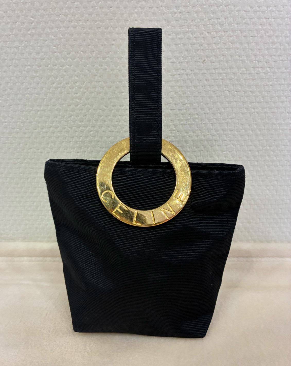CELINE Mini Pouch Bag Black Nylon Ring Handle Authentic